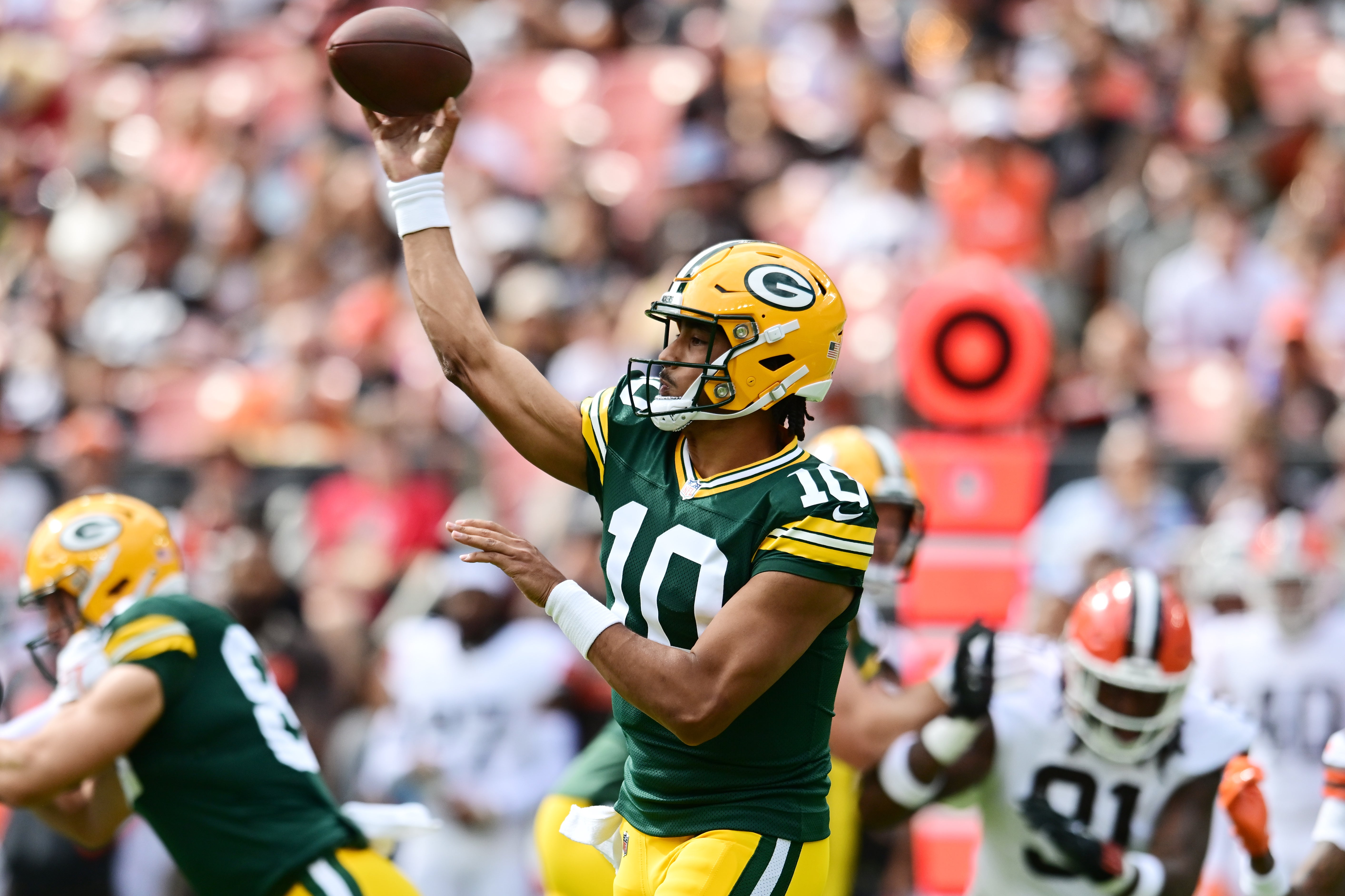 Aug 10, 2024; Cleveland, Ohio, USA; Green Bay Packers quarterback Jordan Love (10) throws a pass during the first quarter against the Cleveland Browns at Cleveland Browns Stadium.