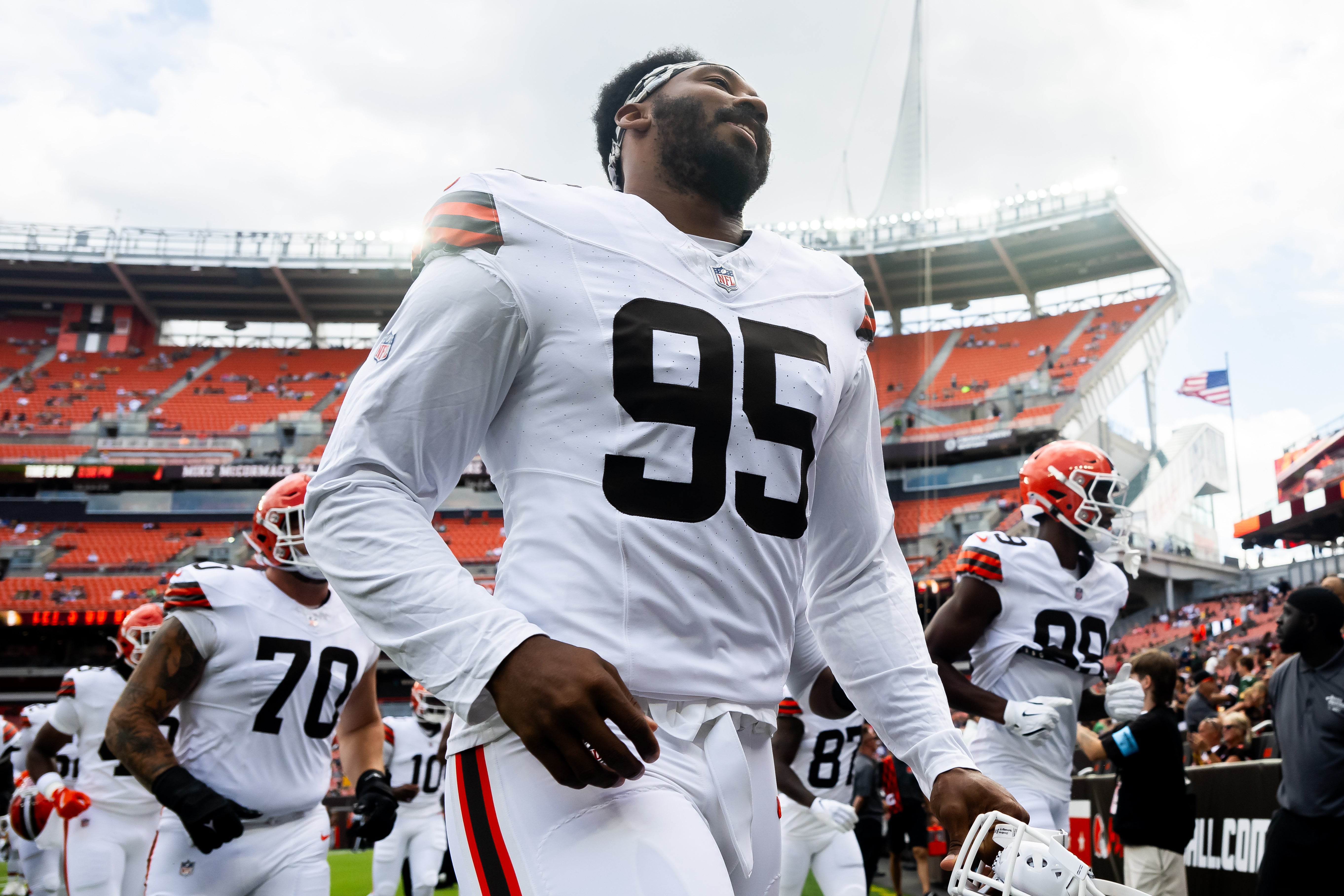Aug 10, 2024; Cleveland, Ohio, USA; Cleveland Browns defensive end Myles Garrett (95) before the game against the Green Bay Packers at Cleveland Browns Stadium.