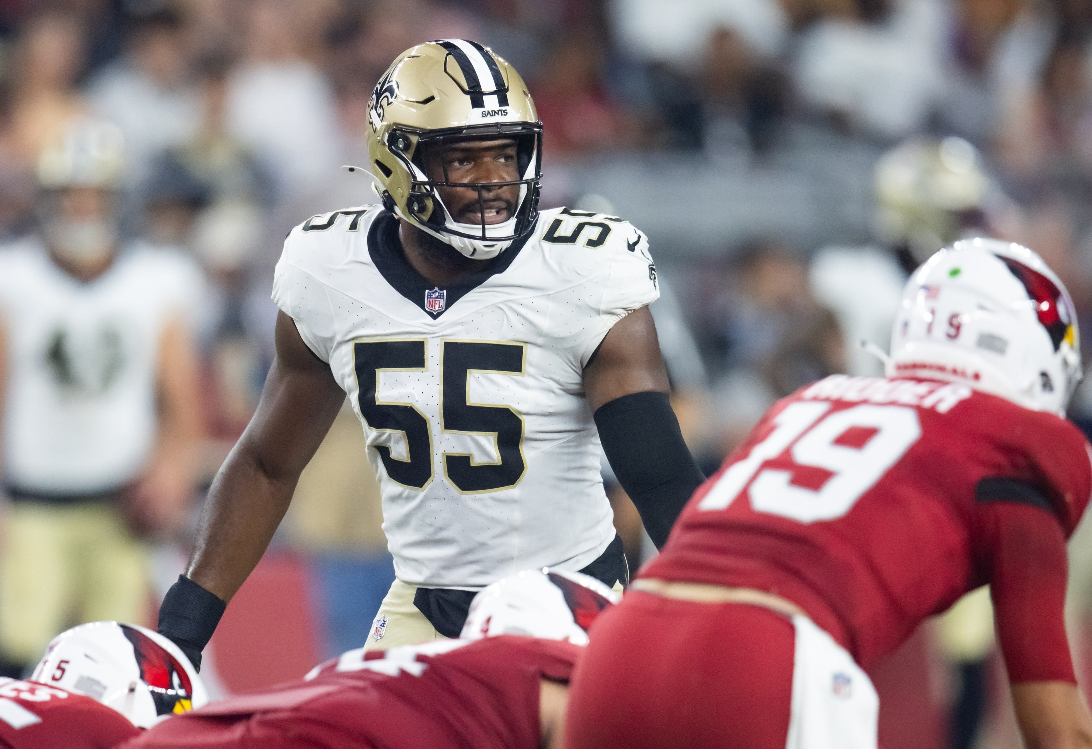 Aug 10, 2024; Glendale, Arizona, USA; New Orleans Saints defensive end Isaiah Foskey (55) against the Arizona Cardinals during a preseason NFL game at State Farm Stadium.