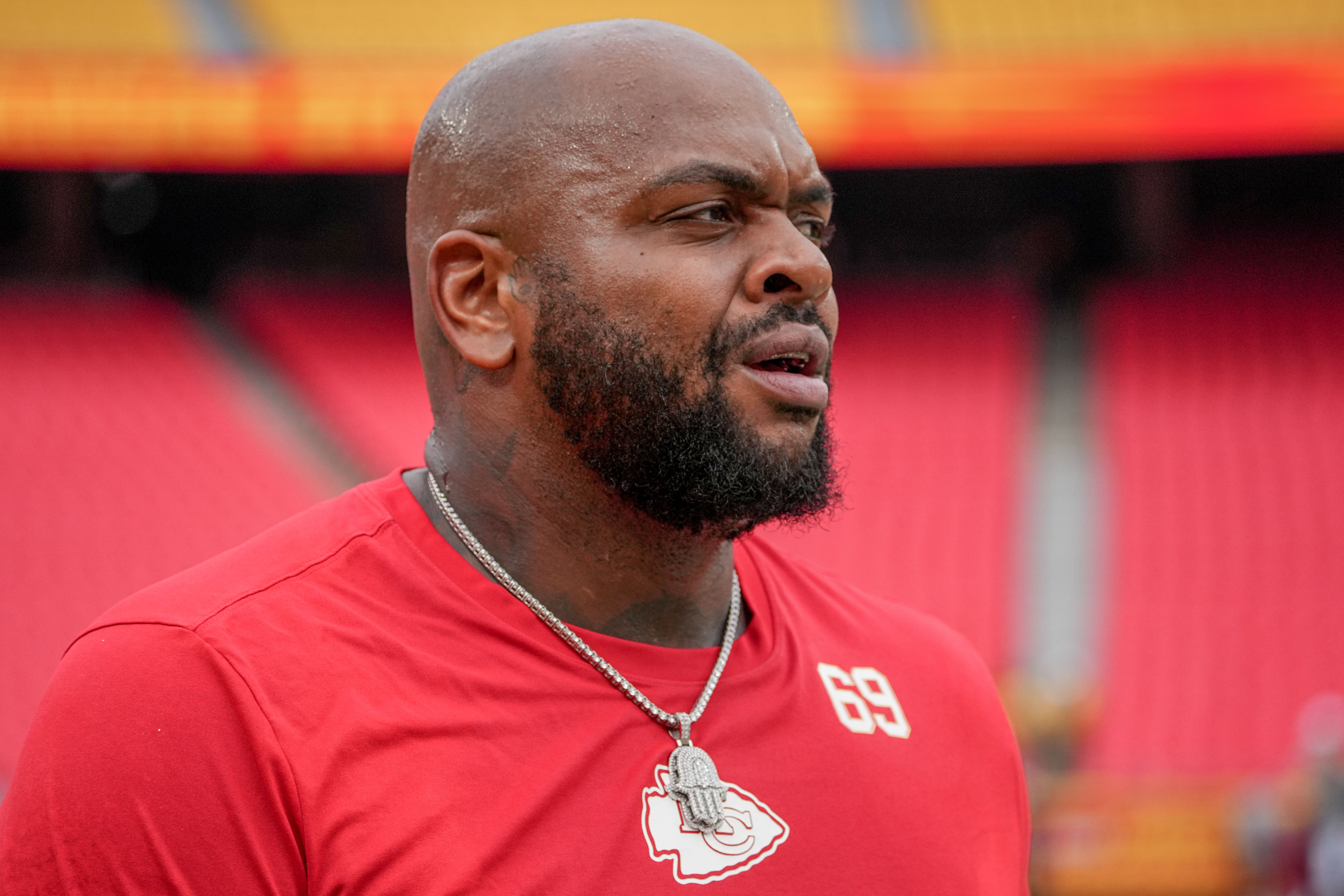 Aug 22, 2024; Kansas City, Missouri, USA; Kansas City Chiefs defensive tackle Mike Pennel Jr. (69) warms up against the Chicago Bears prior to a game at GEHA Field at Arrowhead Stadium.
