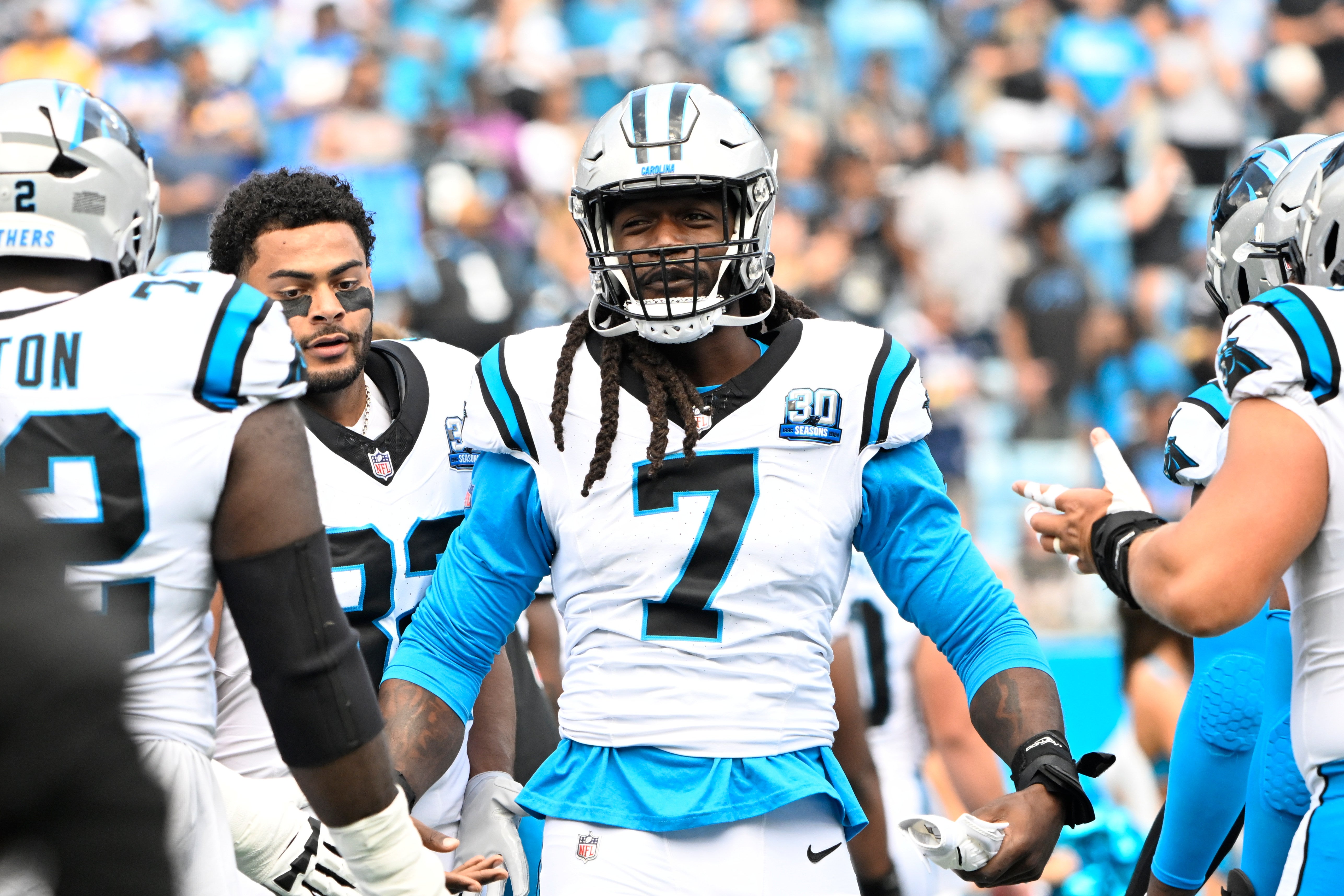 Carolina Panthers linebacker Jadeveon Clowney (7) before the game at Bank of America Stadium.