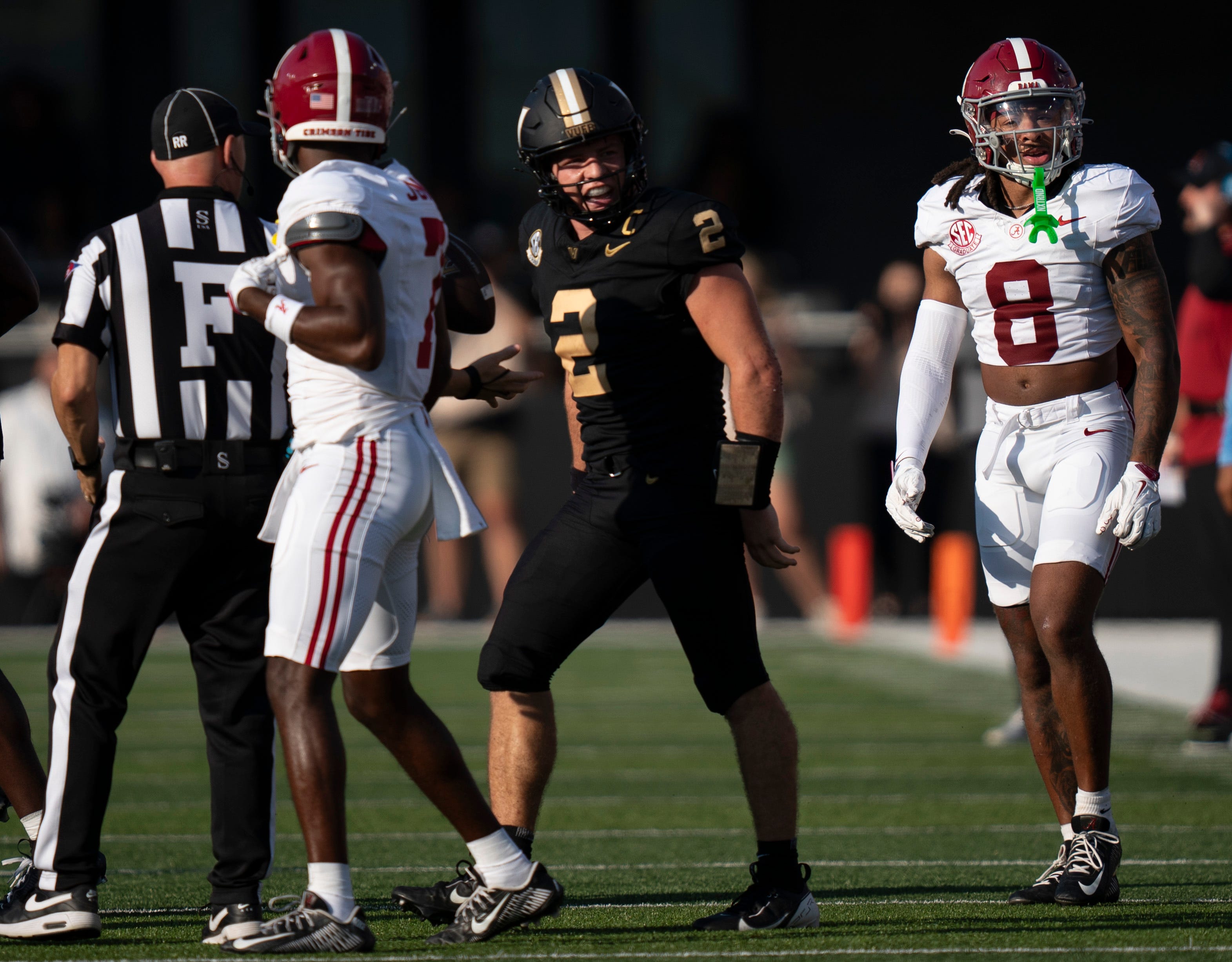 Vanderbilt Commodores quarterback Diego Pavia (2) expresses his feelings to an Alabama player during their game at Vanderbilt Stadium in Nashville, Tenn., Saturday, Oct. 5, 2024.