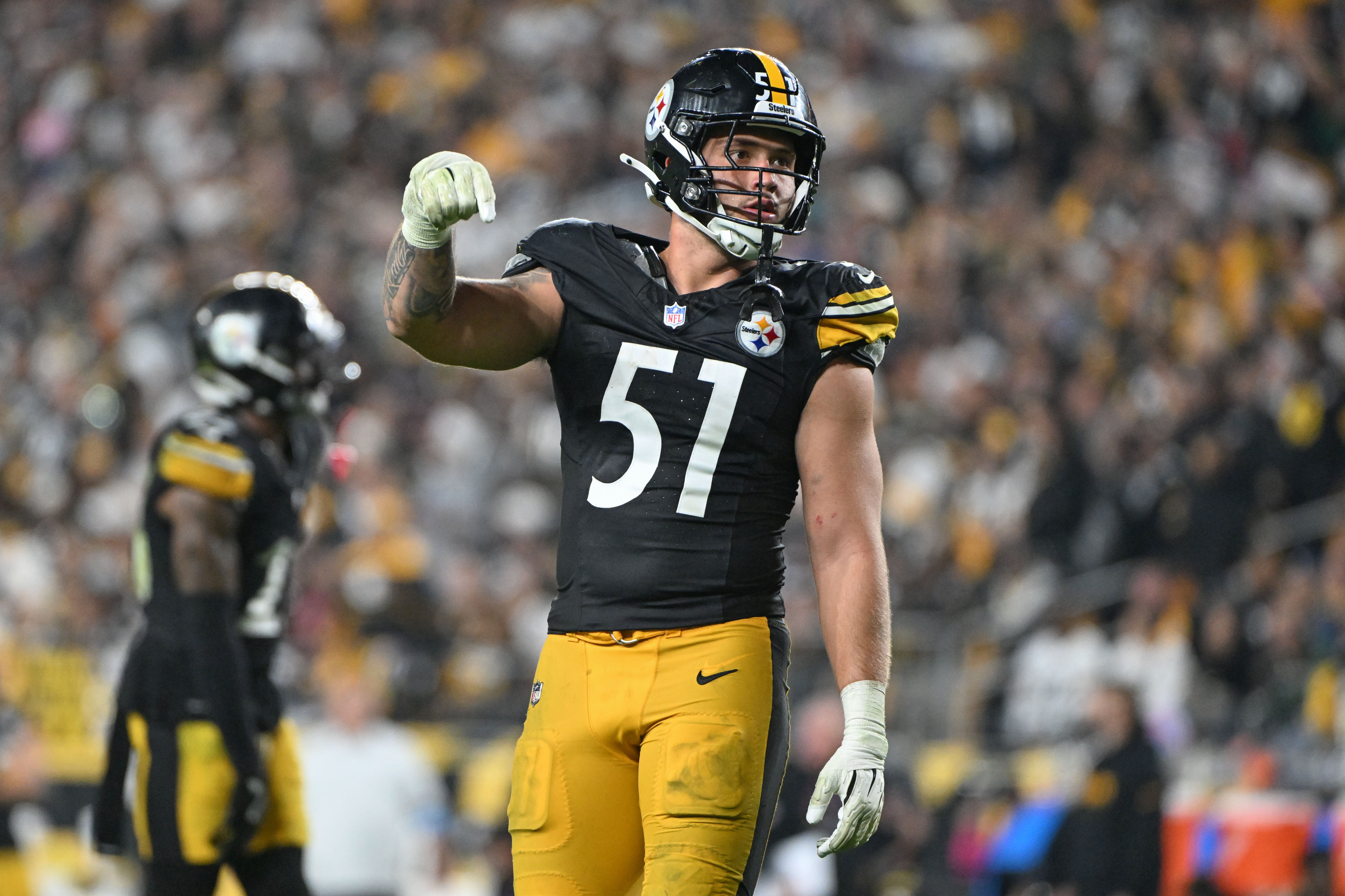 Oct 6, 2024; Pittsburgh, Pennsylvania, USA; Pittsburgh Steelers linebacker Nick Herbig (51) lines up against the Dallas Cowboys during the second half at Acrisure Stadium.