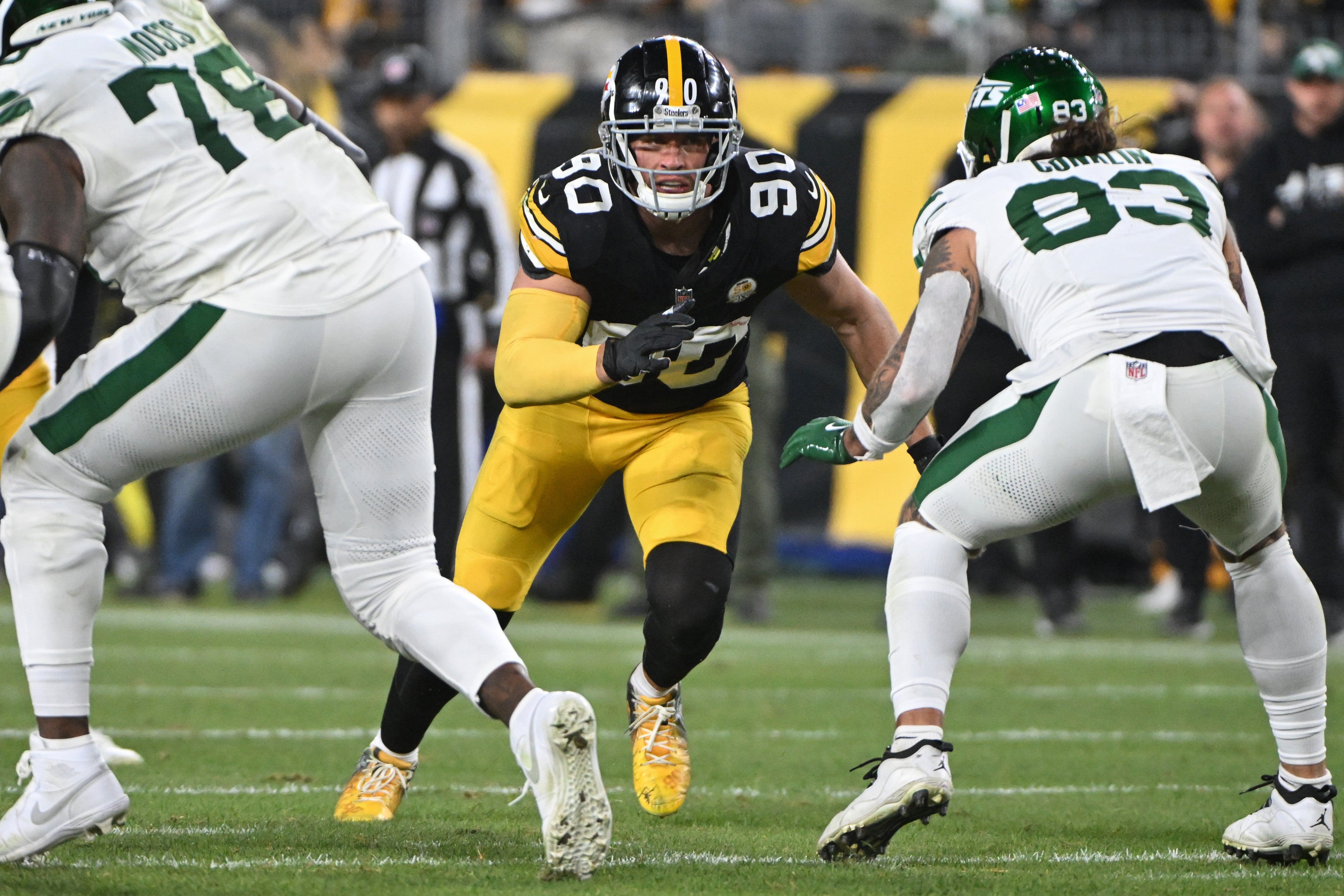 Oct 20, 2024; Pittsburgh, Pennsylvania, USA; Pittsburgh Steelers linebacker T.J. Watt (90) pass rushes against the New York Jets during the fourth quarter at Acrisure Stadium.