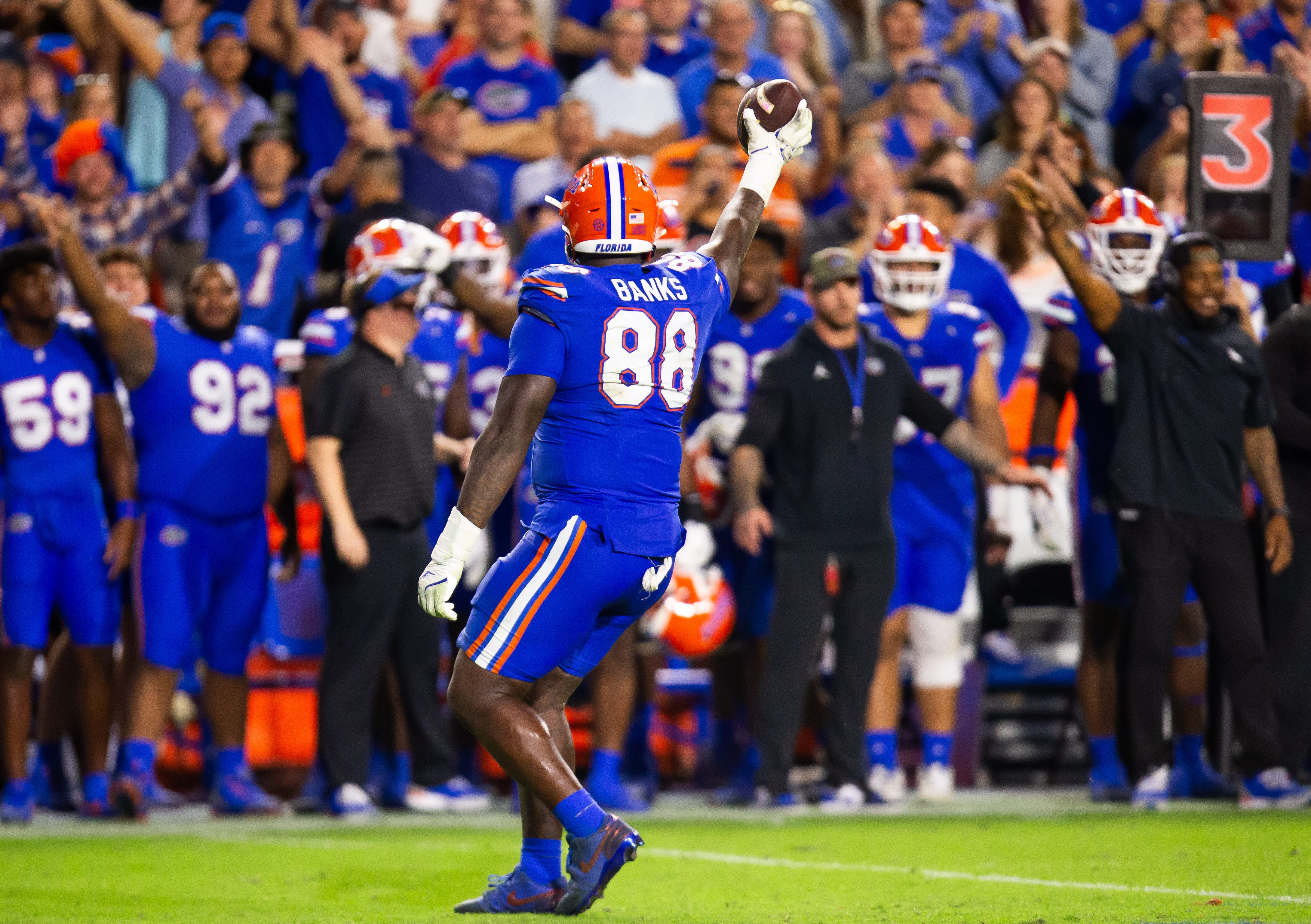 Florida Gators defensive lineman Caleb Banks (88) comes up the fumble during the second half at Ben Hill Griffin Stadium in Gainesville, FL on Saturday, November 16, 2024. The Gators defeated the Tigers 27-16. Doug Engle/Gainesville Sun