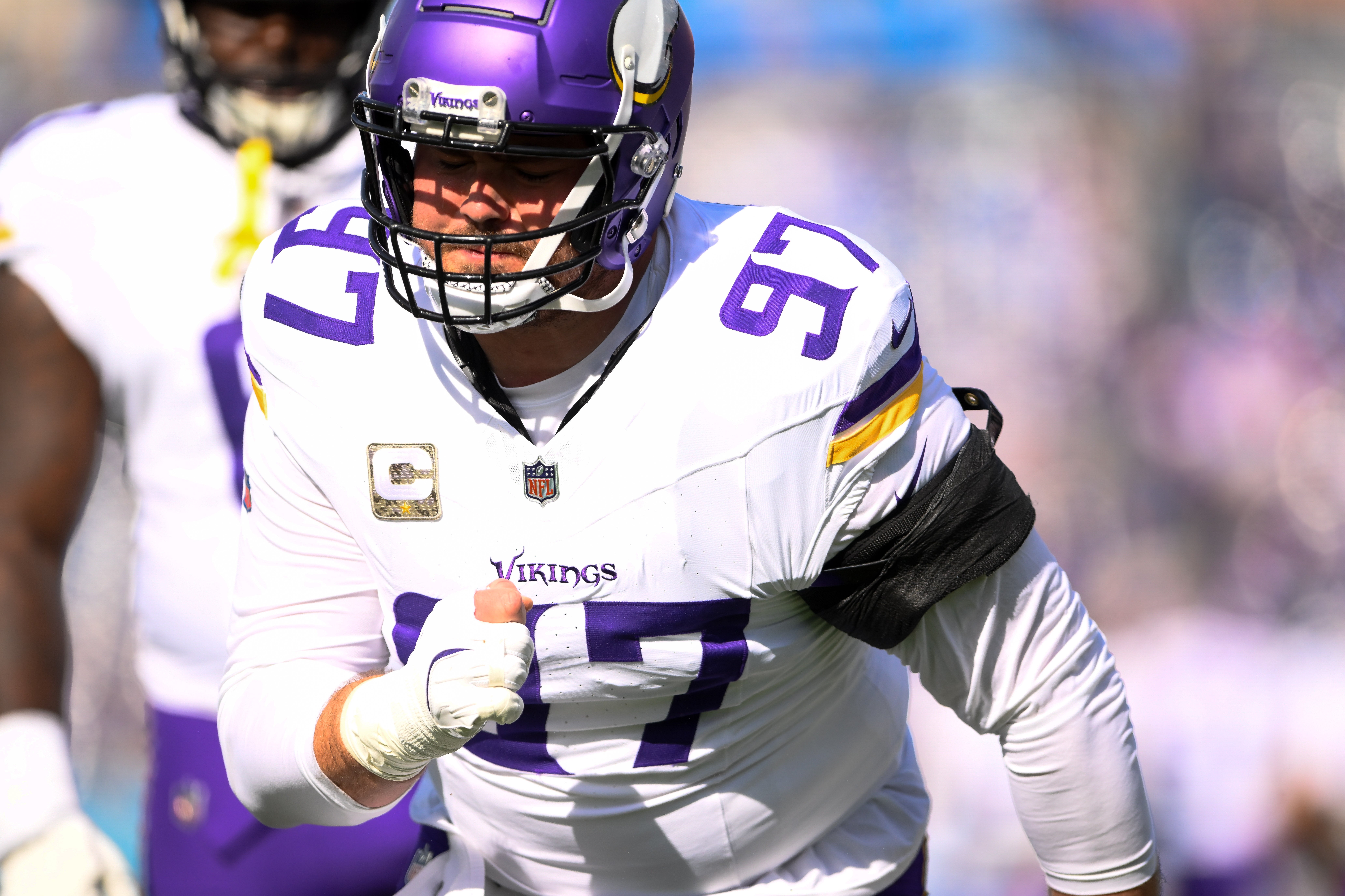 Nov 17, 2024; Nashville, Tennessee, USA; Minnesota Vikings defensive tackle Harrison Phillips (97) warms up before a game against the Tennessee Titans at Nissan Stadium.