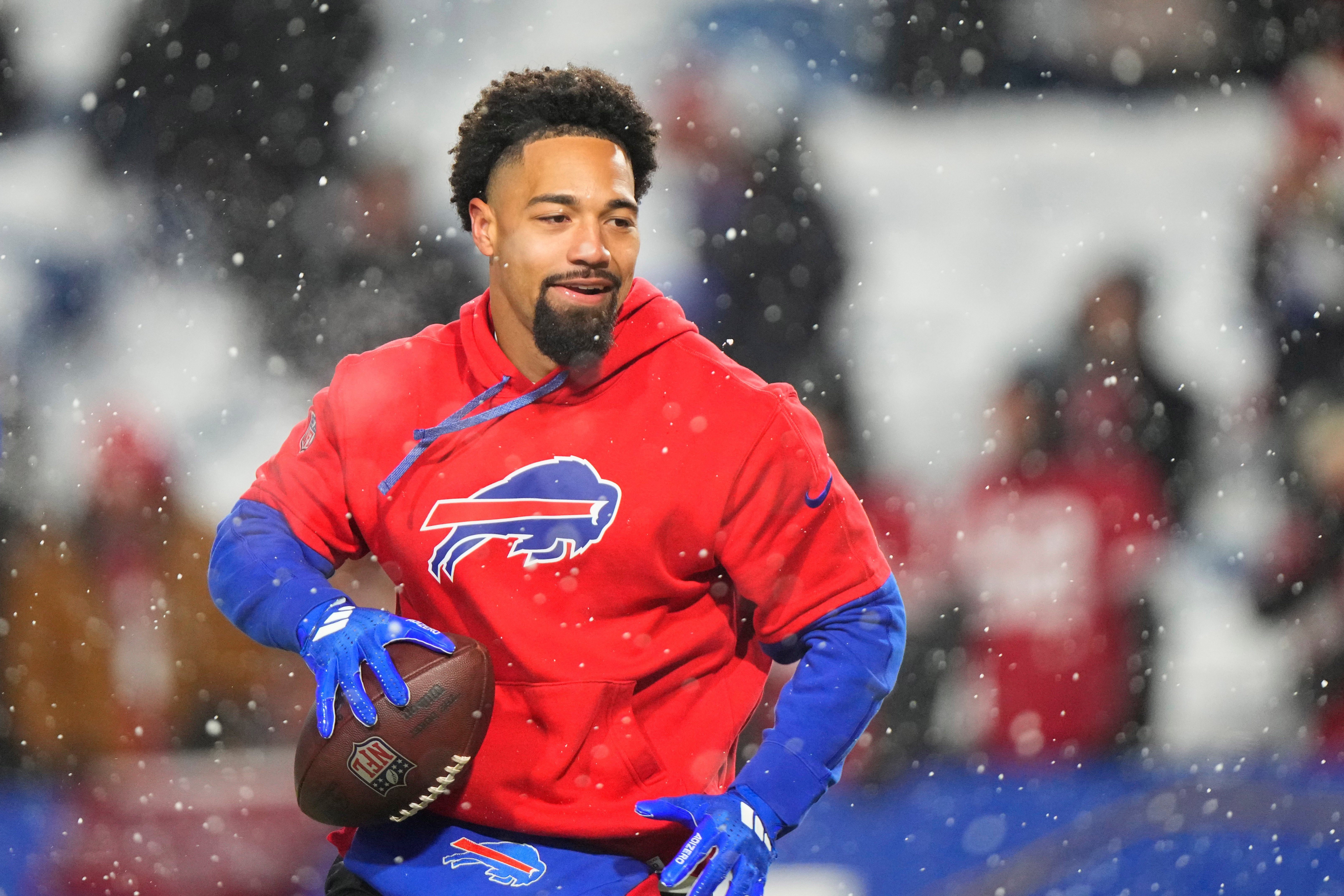 Dec 1, 2024; Orchard Park, New York, USA; Buffalo Bills wide receiver Khalil Shakir (10) warms up prior to the game against the San Francisco 49ers at Highmark Stadium.