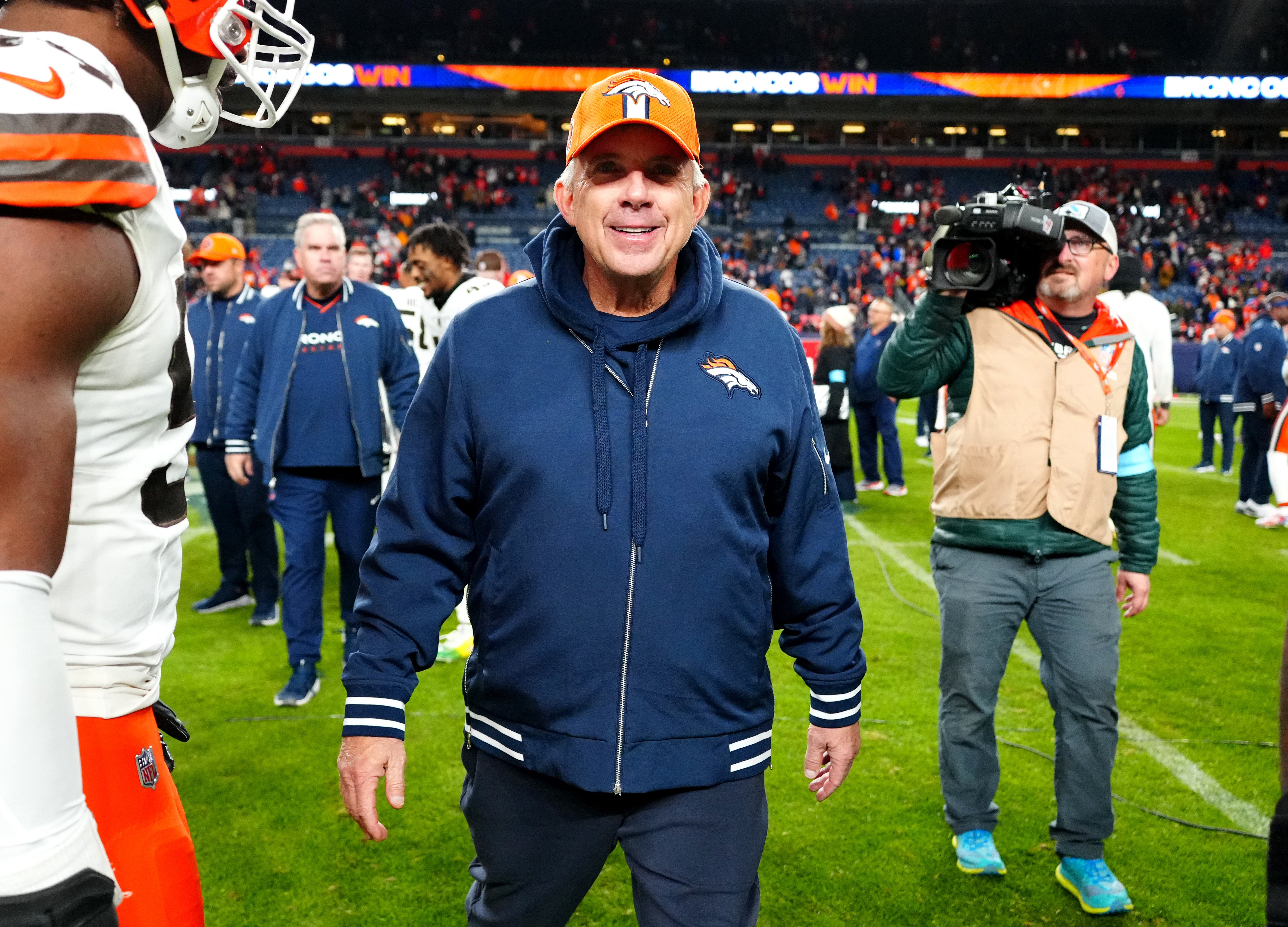 Dec 2, 2024; Denver, Colorado, USA; Denver Broncos head coach Sean Payton following the win against the Cleveland Browns at Empower Field at Mile High.