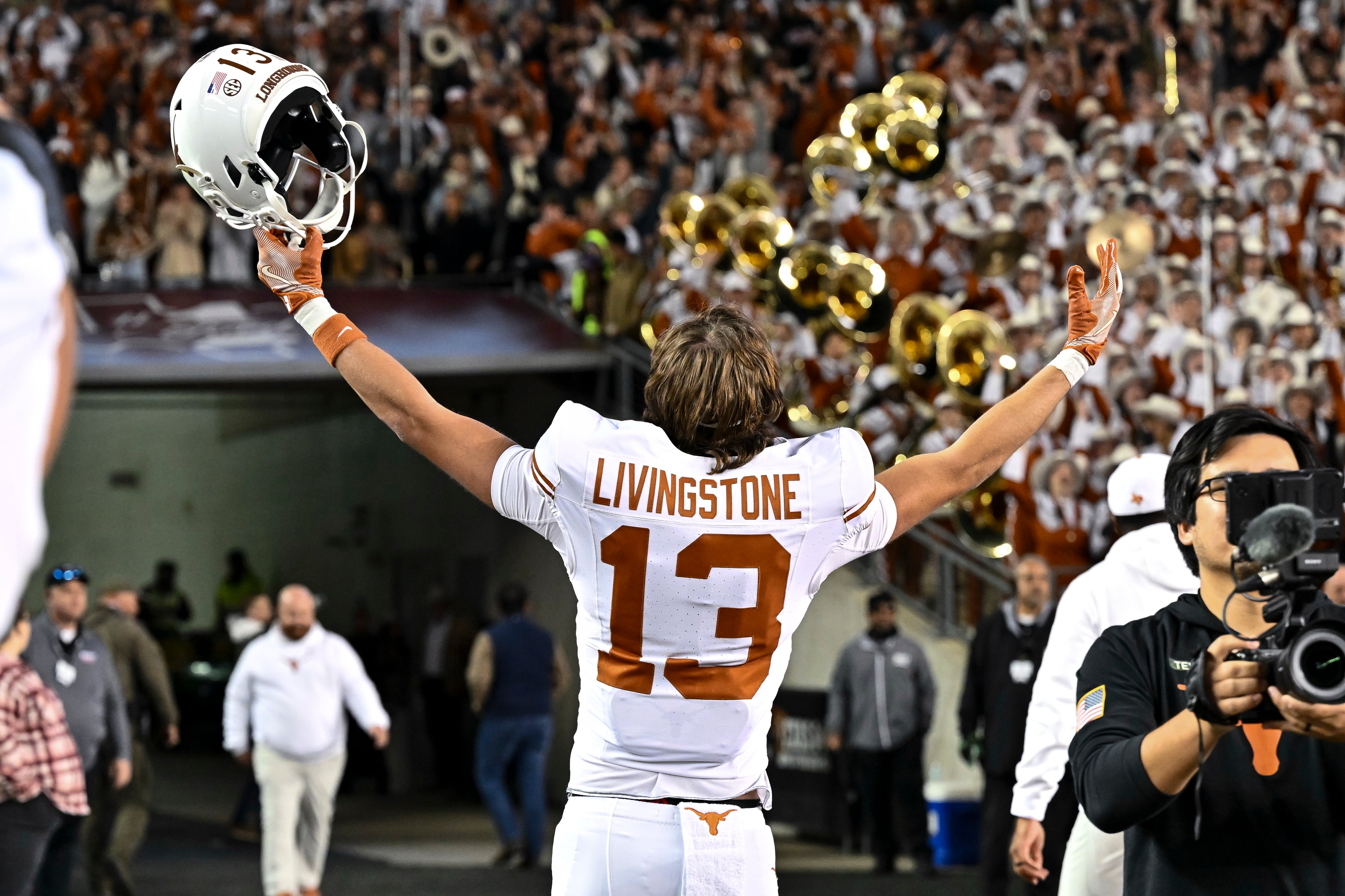 Nov 30, 2024; College Station, Texas, USA; Texas Longhorns wide receiver Parker Livingstone (13) reacts after the game against the Texas A&M Aggies. The Longhorns defeated the Aggies 17-7 at Kyle Field.