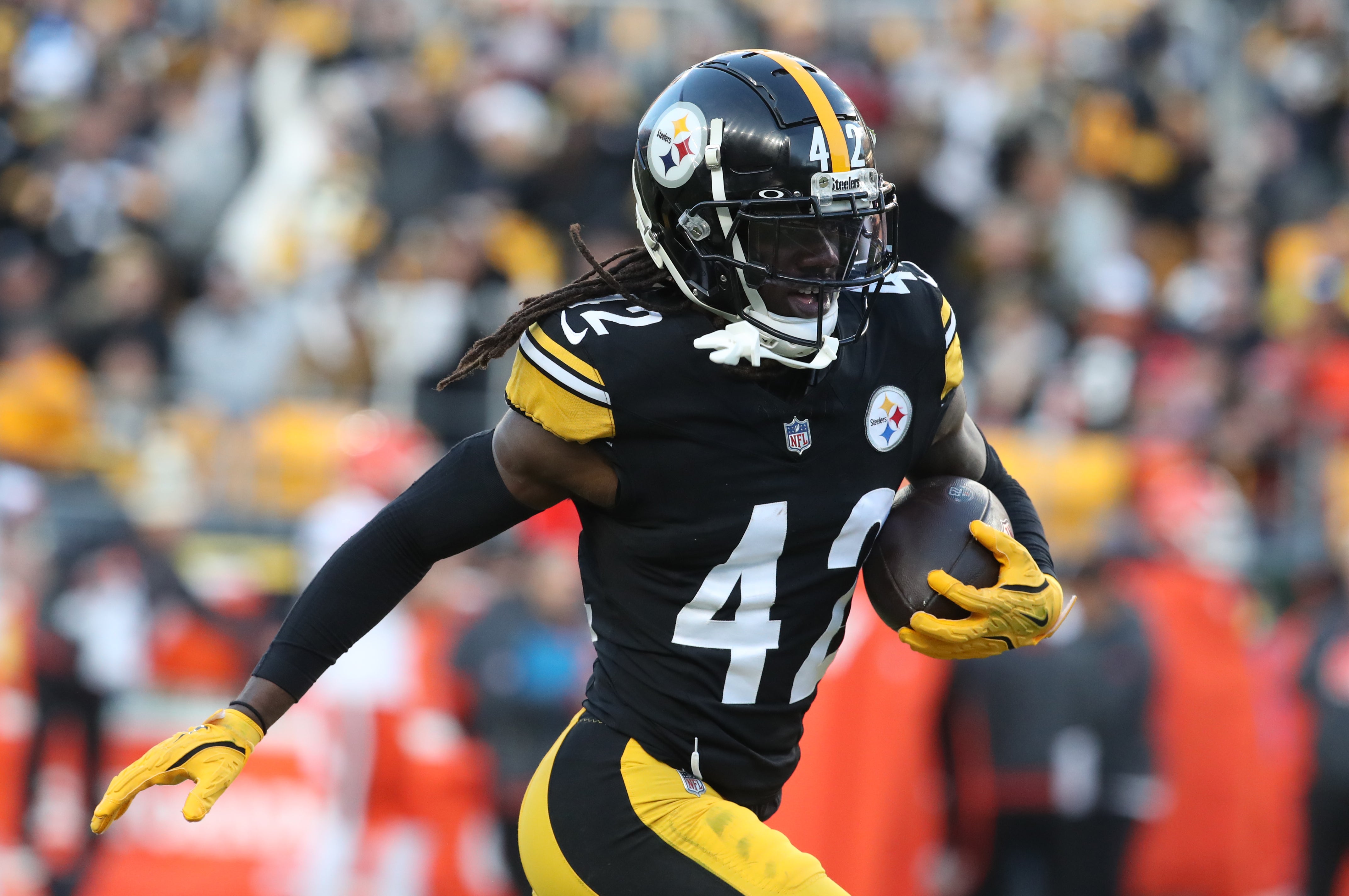 Dec 8, 2024; Pittsburgh, Pennsylvania, USA; Pittsburgh Steelers cornerback James Pierre (42) reacts after an interception against the Cleveland Browns during the fourth quarter at Acrisure Stadium.