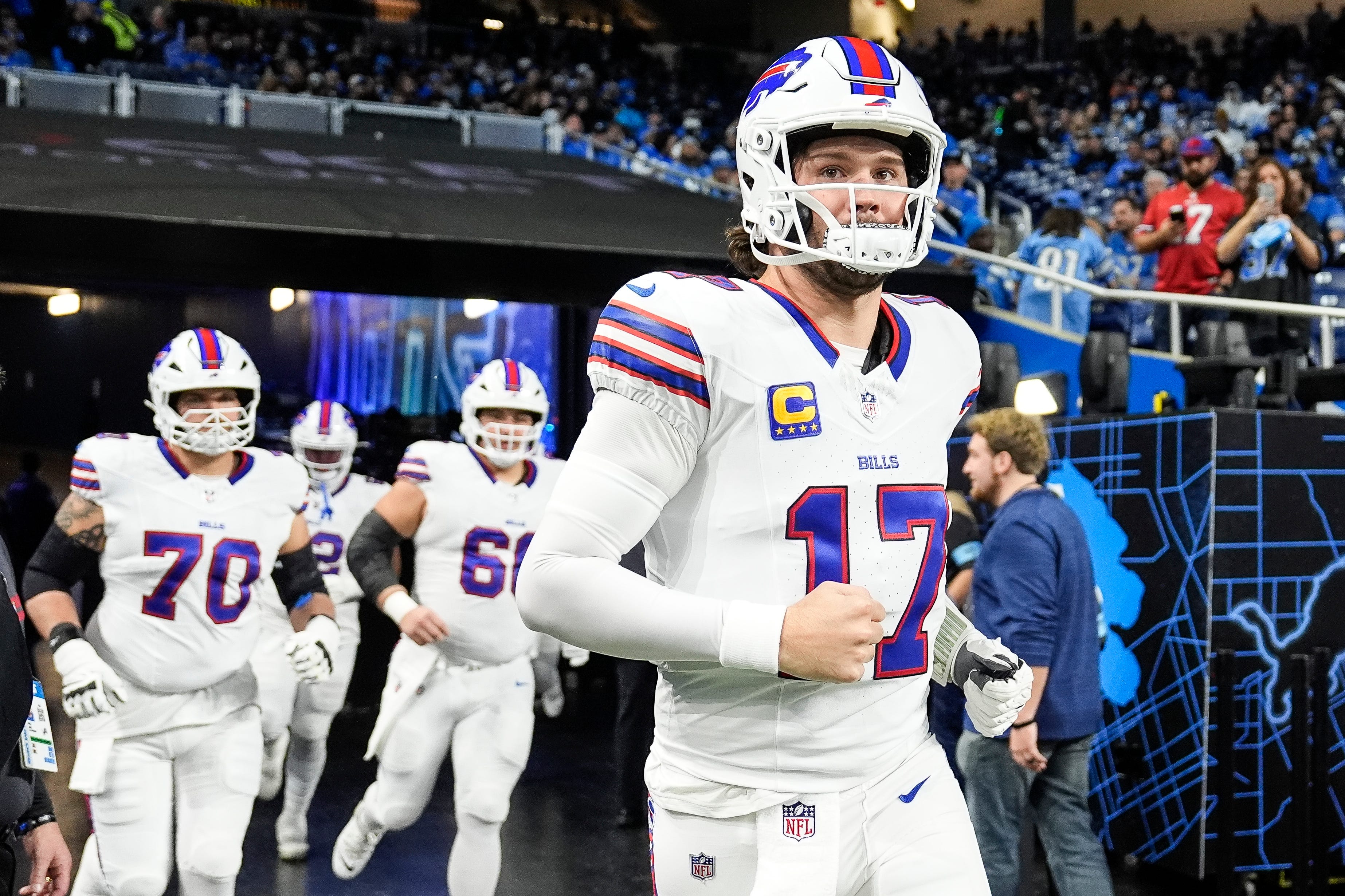 Buffalo Bills quarterback Josh Allen (17) takes the field for warm up before the game between Detroit Lions and Buffalo Bills at Ford Field in Detroit on Sunday, Dec. 15, 2024.