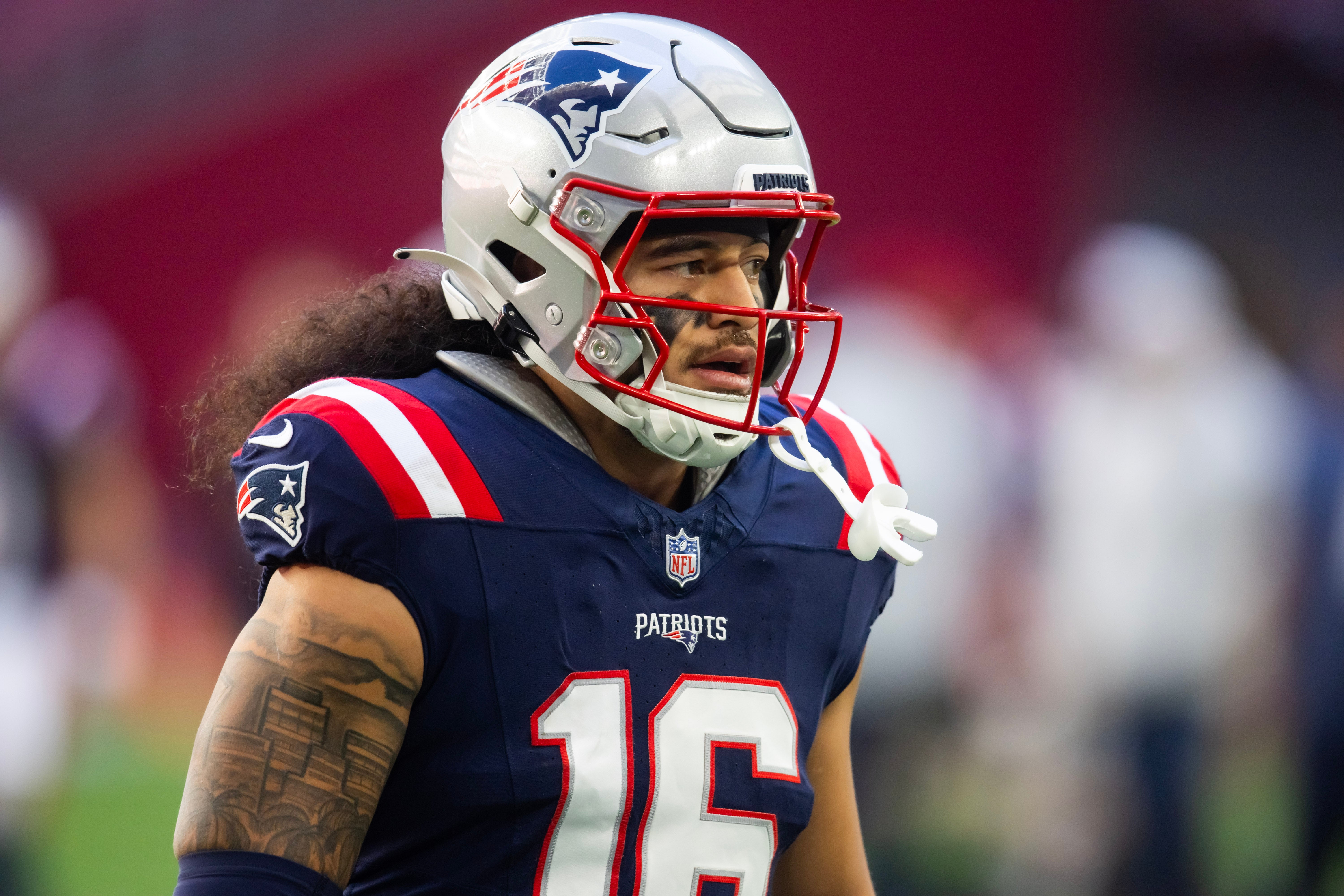 Dec 15, 2024; Glendale, Arizona, USA; New England Patriots linebacker Sione Takitaki (16) against the Arizona Cardinals at State Farm Stadium.