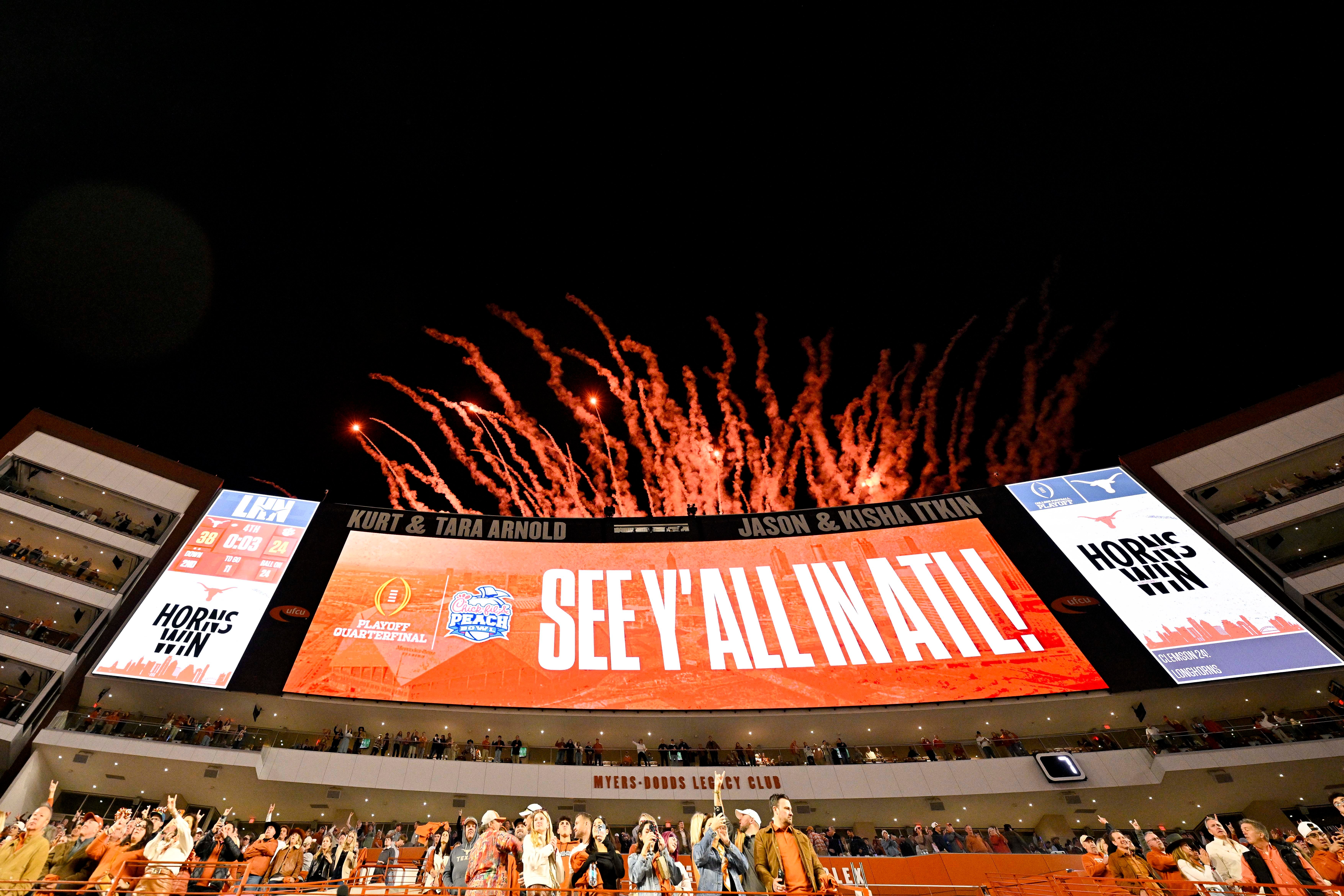 Dec 21, 2024; Austin, Texas, USA; A view of the scoreboard and fireworks after the Texas Longhorns defeat the Clemson Tigers in the CFP National Playoff first round game at Darrell K Royal-Texas Memorial Stadium.