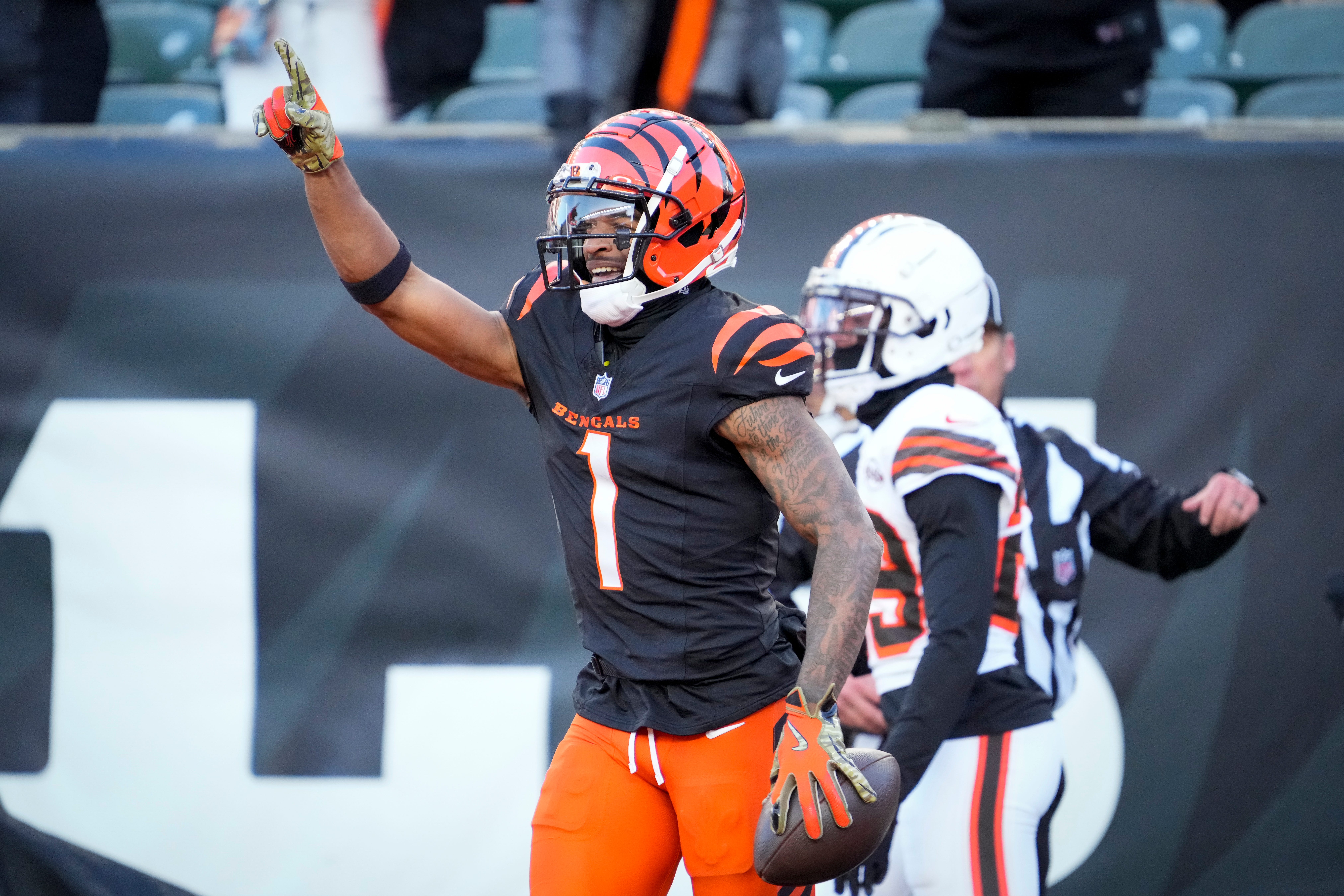 Cincinnati Bengals wide receiver Ja'Marr Chase (1) celebrates a touchdown reception in the fourth quarter of the NFL Week 16 game between the Cincinnati Bengals and the Cleveland Browns at Paycor Stadium in downtown Cincinnati on Sunday, Dec. 22, 2024. The Bengals won 24-16.