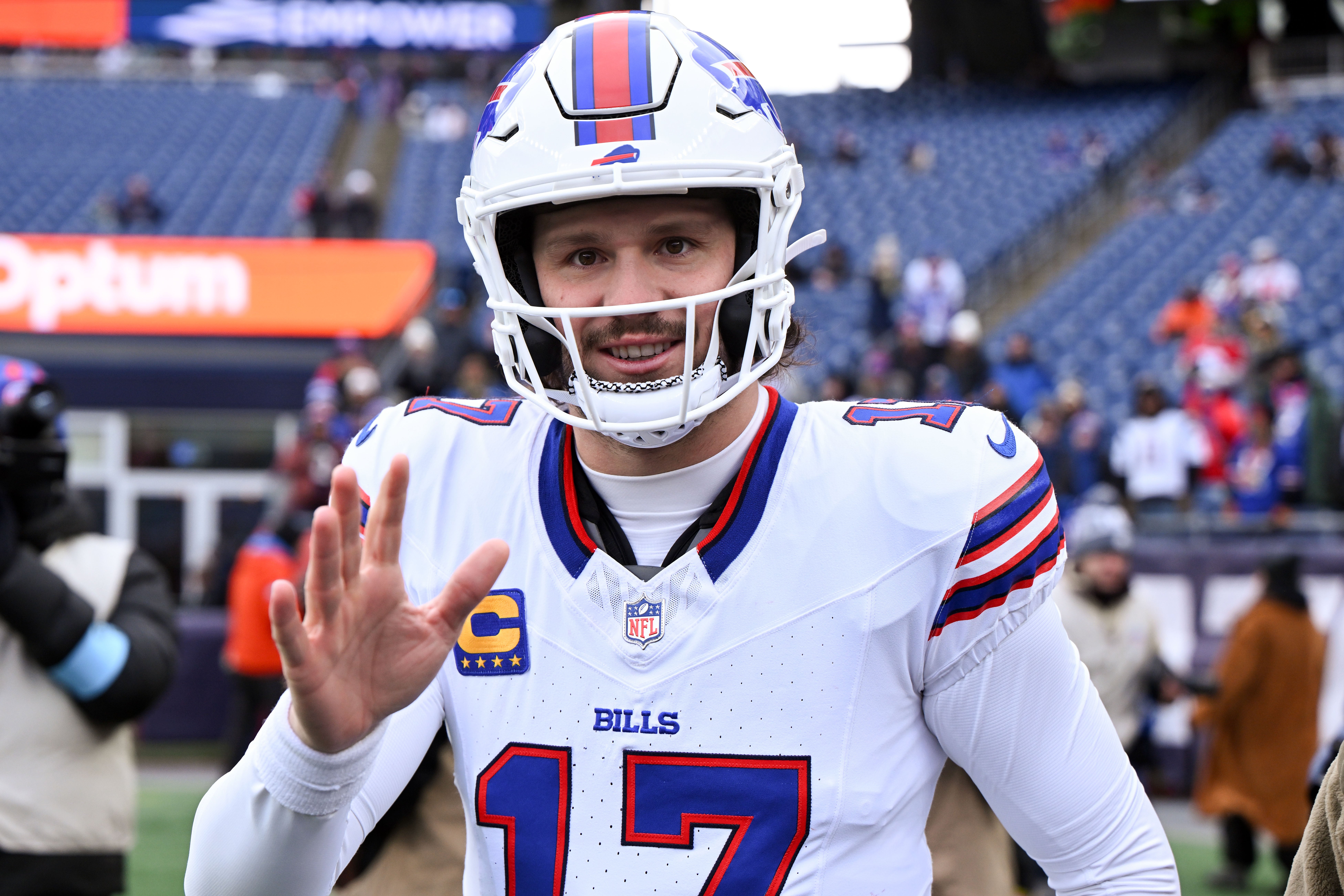 Jan 5, 2025; Foxborough, Massachusetts, USA; Buffalo Bills quarterback Josh Allen (17) waves to fans before a game against the New England Patriots at Gillette Stadium.
