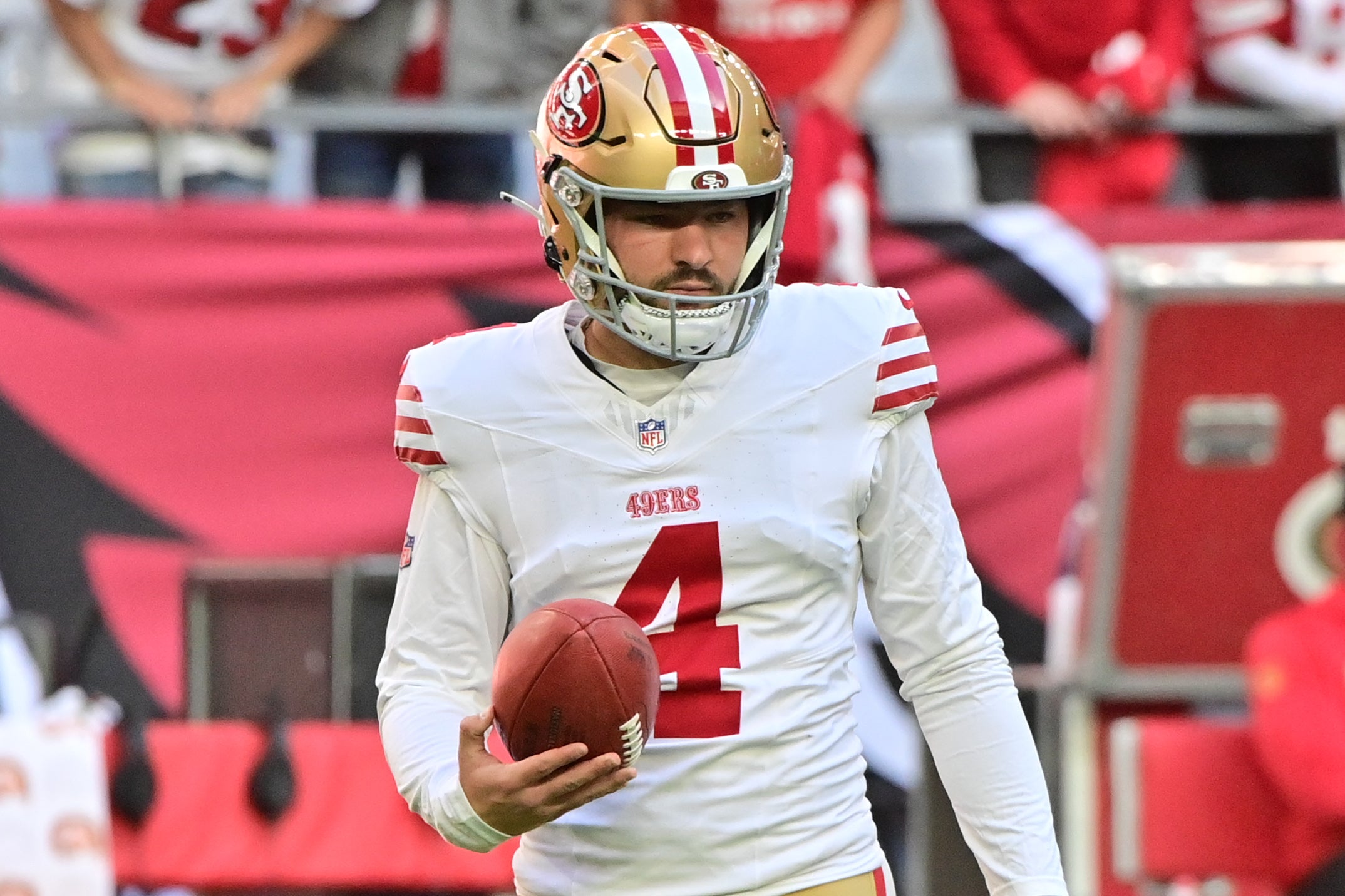 Jan 5, 2025; Glendale, Arizona, USA; San Francisco 49ers place kicker Jake Moody (4) looks on prior to the game against the Arizona Cardinals at State Farm Stadium.