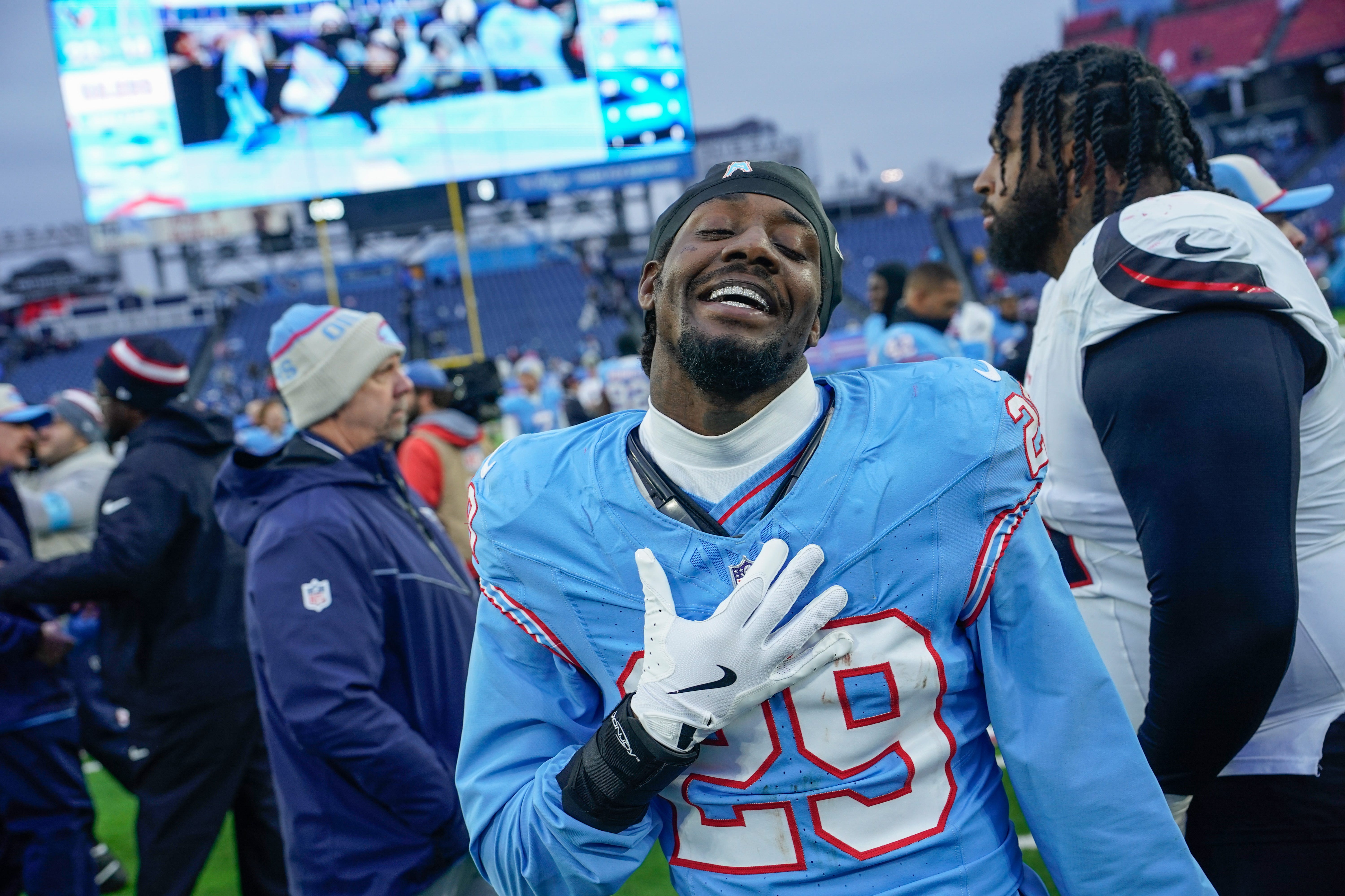 Tennessee Titans cornerback Jarvis Brownlee Jr. (29) leaves the field after the game with the Houston Texans at Nissan Stadium in Nashville, Tenn., Sunday, Jan. 5, 2025.