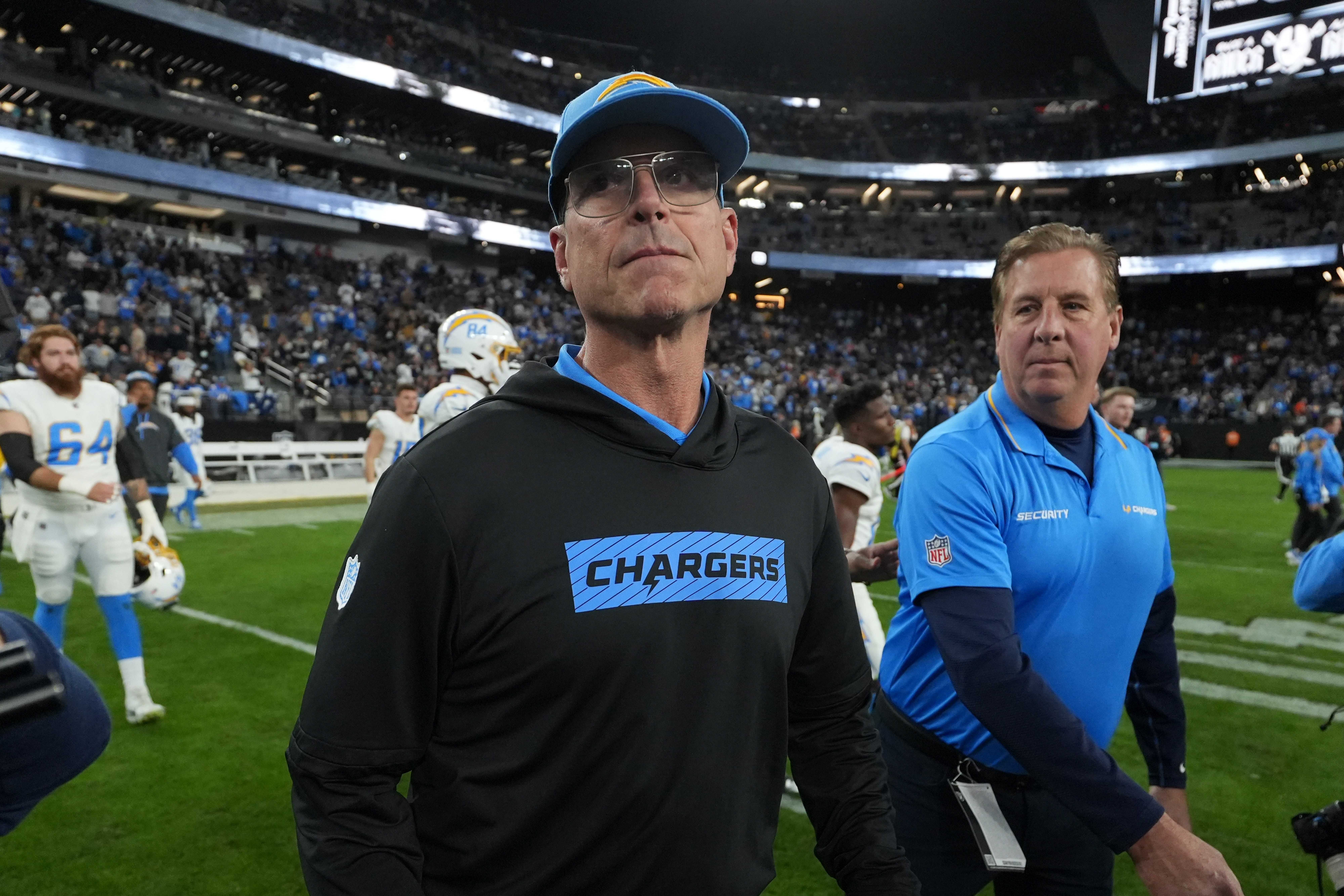 Jim Harbaugh Los Angeles Chargers head coach against the Las Vegas Raiders