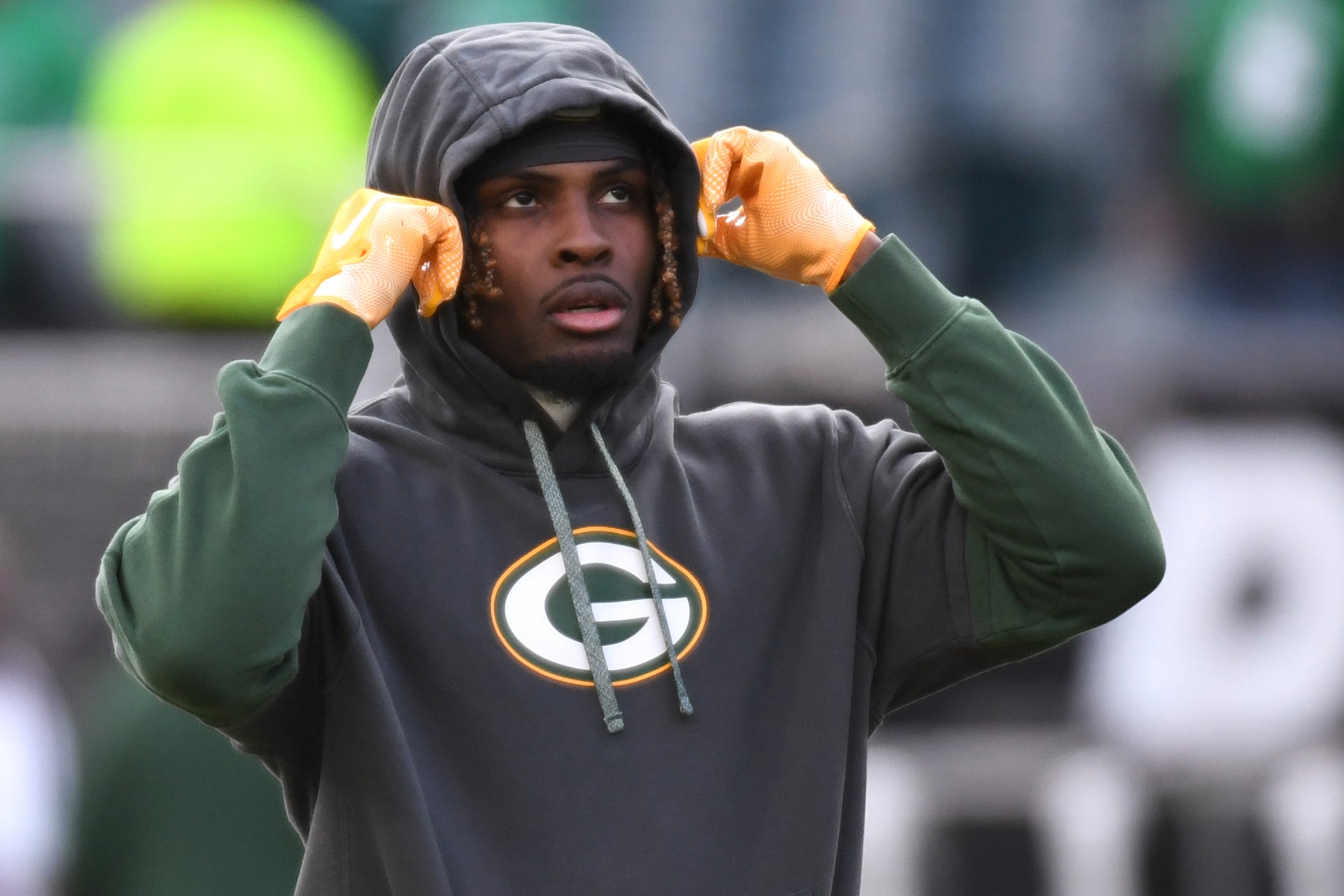 Jan 12, 2025; Philadelphia, Pennsylvania, USA; Green Bay Packers wide receiver Jayden Reed (11) during warmups against the Philadelphia Eagles in an NFC wild card game at Lincoln Financial Field.