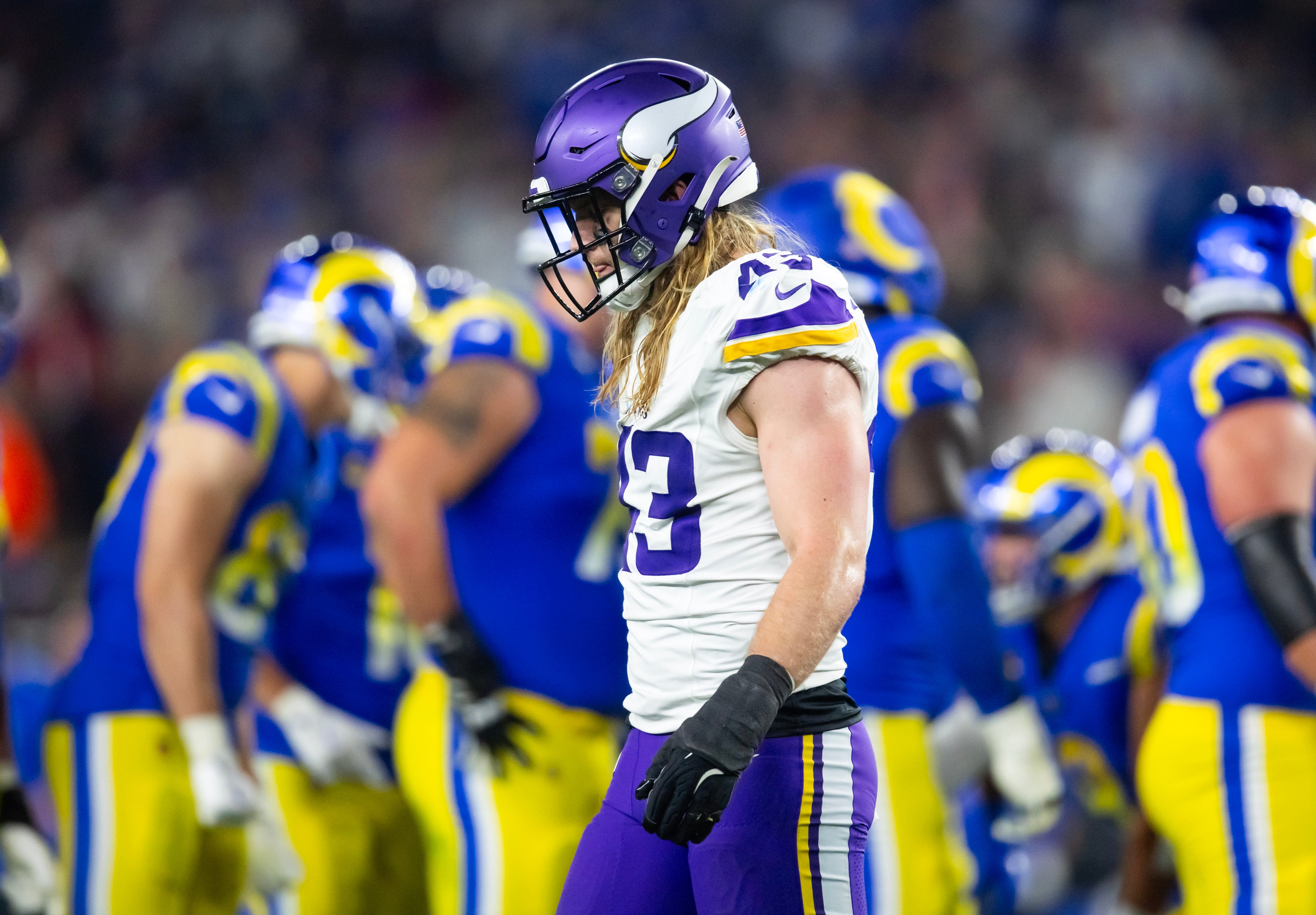 Jan 13, 2025; Glendale, AZ, USA; Minnesota Vikings linebacker Andrew Van Ginkel (43) against the Los Angeles Rams during an NFC wild card game at State Farm Stadium.
