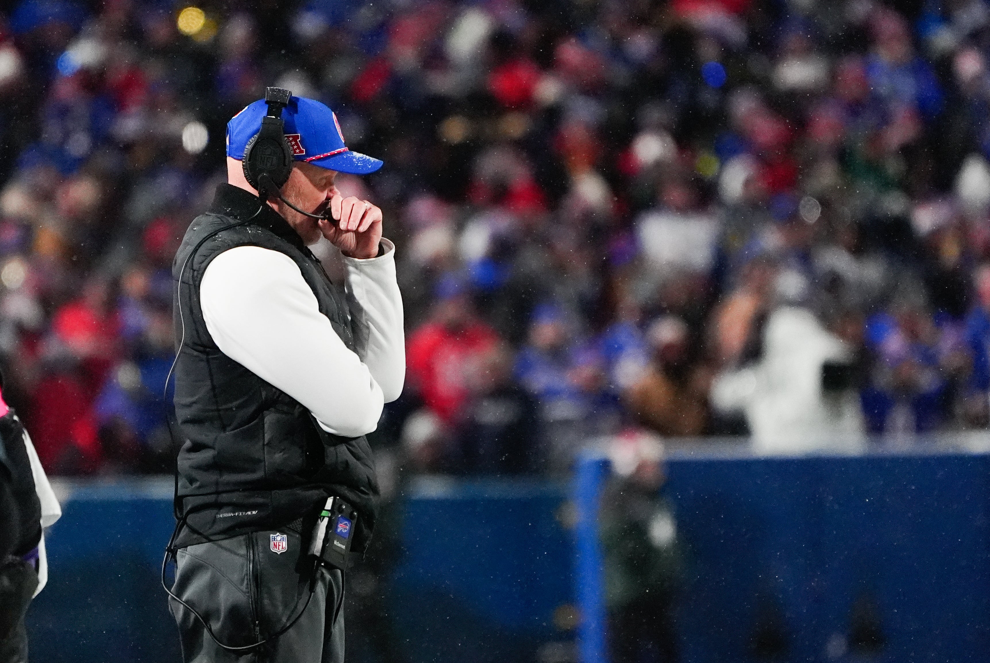 Jan 19, 2025; Orchard Park, New York, USA; Buffalo Bills head coach Sean McDermott looks on during the second quarter against the Baltimore Ravens in a 2025 AFC divisional round game at Highmark Stadium.