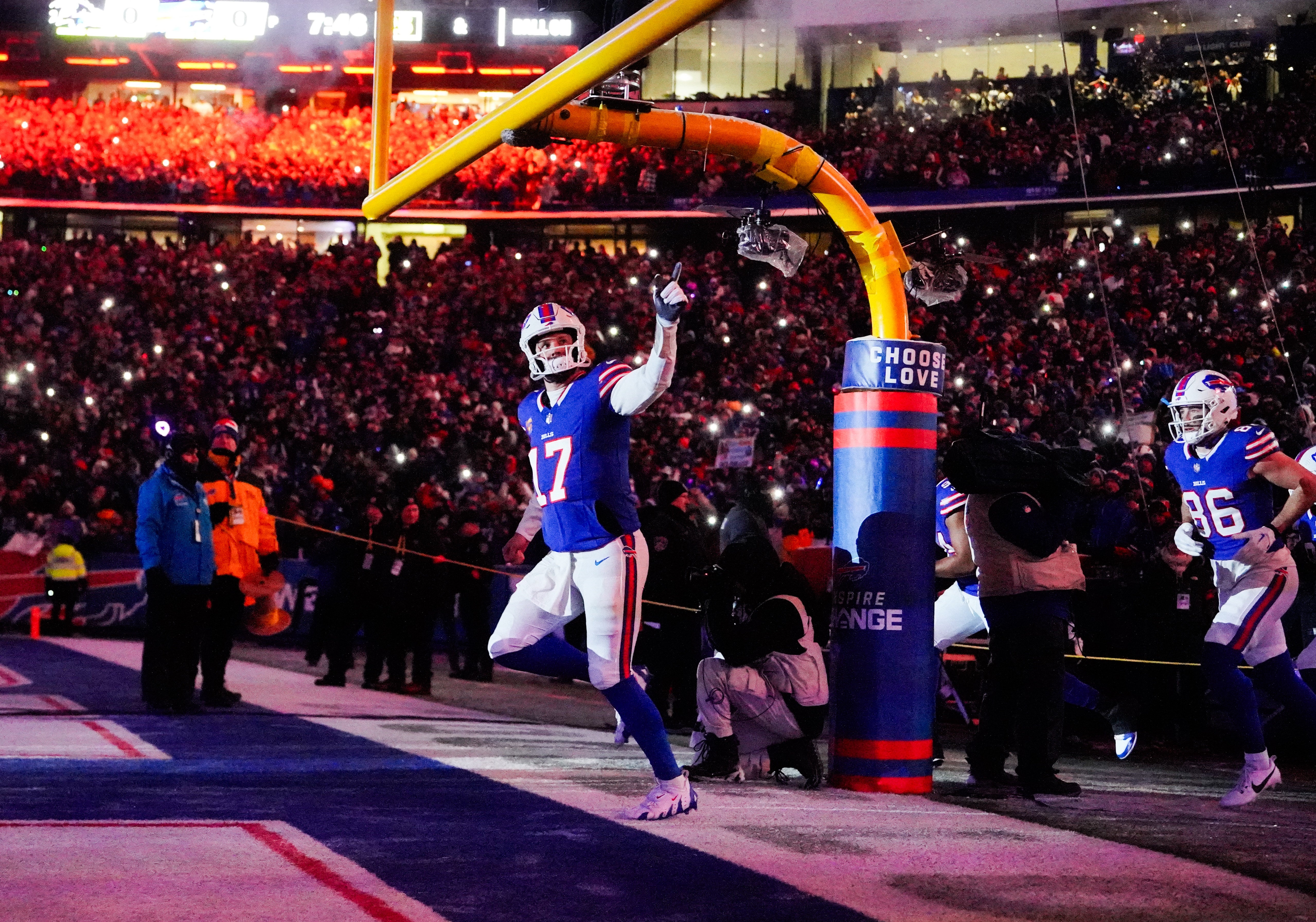 Jan 19, 2025; Orchard Park, New York, USA; Buffalo Bills quarterback Josh Allen (17) takes the field before the game against the Baltimore Ravens in a 2025 AFC divisional round game at Highmark Stadium.