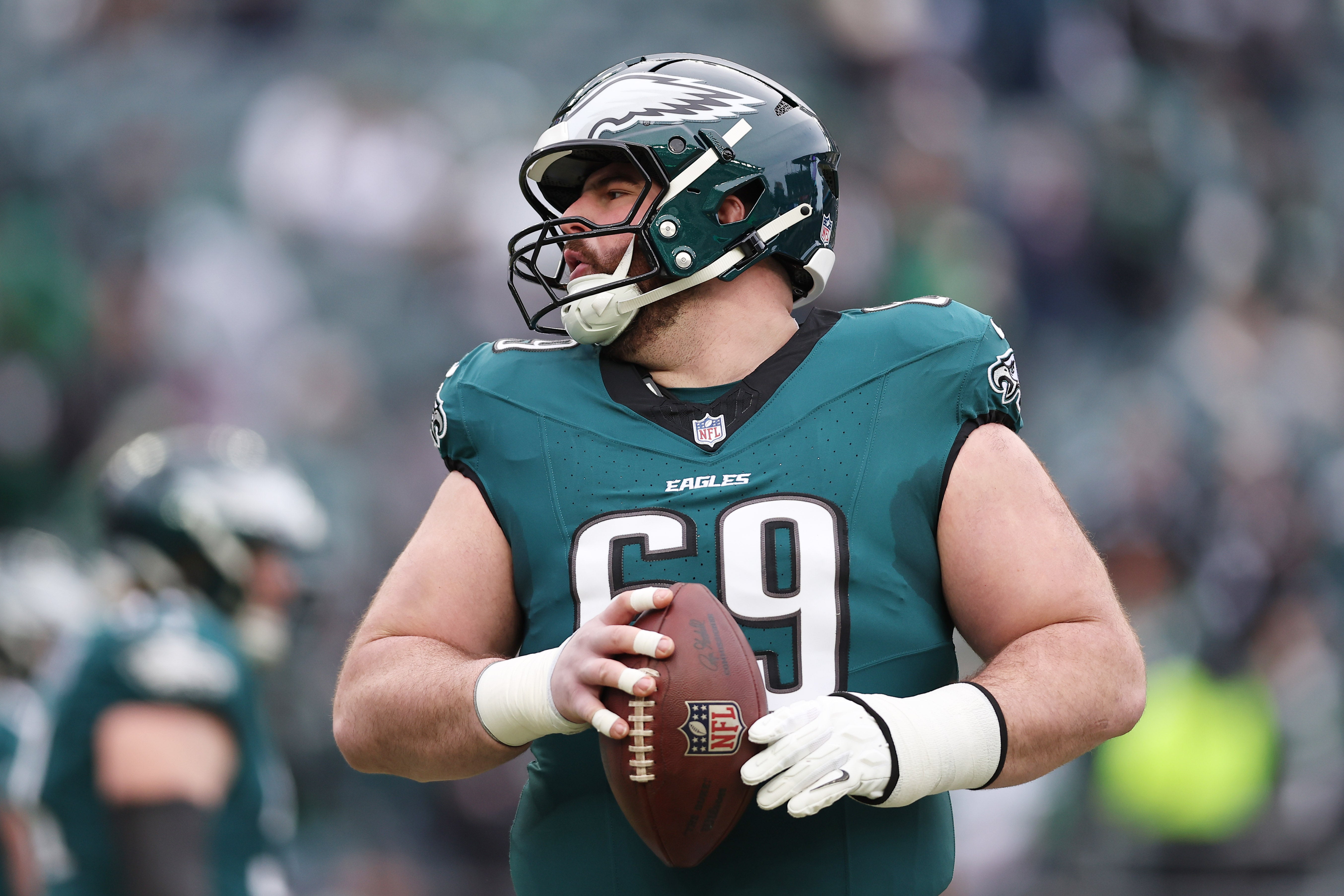 Philadelphia Eagles guard Landon Dickerson (69) warms up before the NFC Championship game at Lincoln Financial Field.