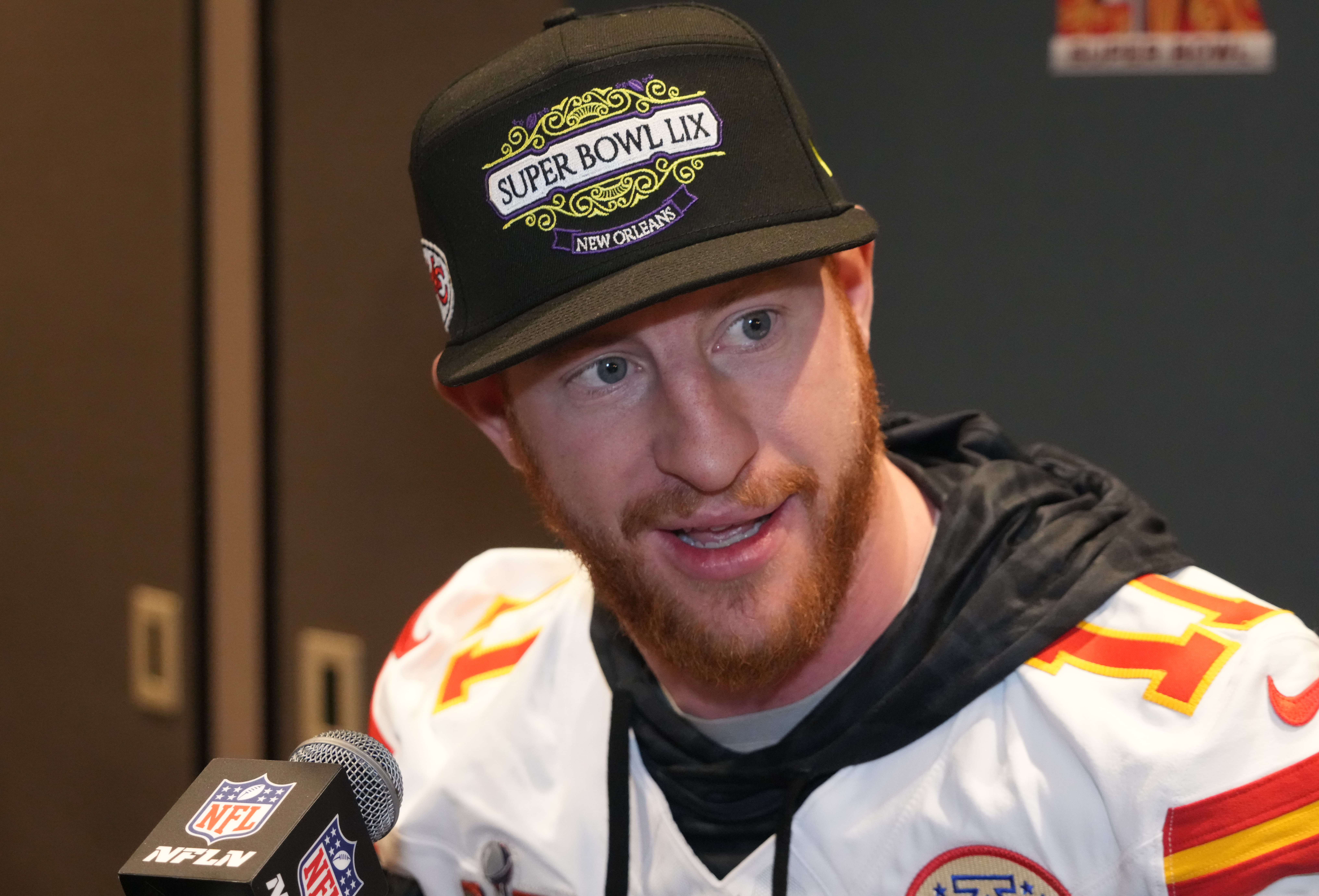 Feb 5, 2025; New Orleans, LA, USA; Kansas City Chiefs quarterback Carson Wentz (11) in a press conference ahead of Super Bowl LIX at New Orleans Marriott.