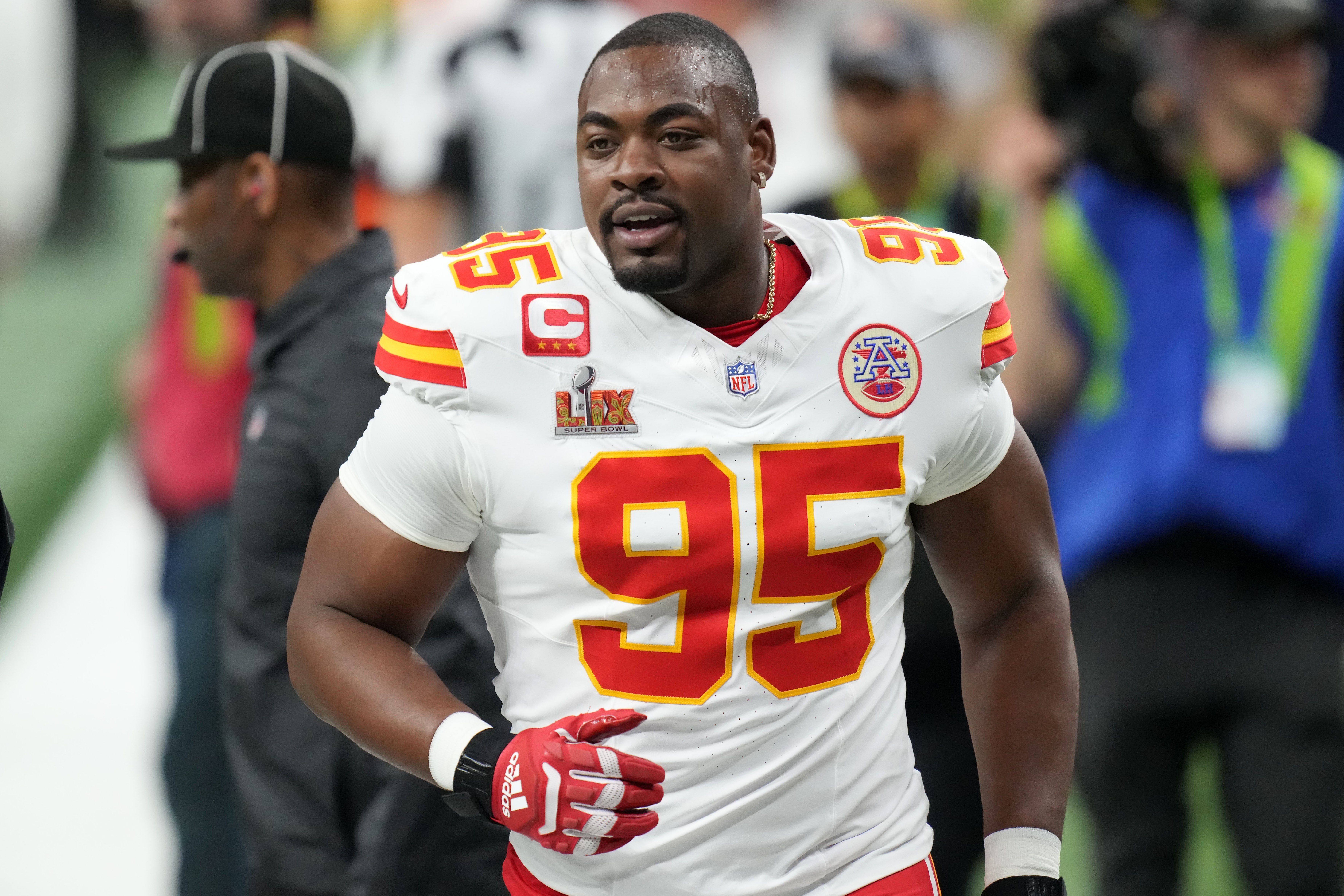 Kansas City Chiefs defensive tackle Chris Jones (95) takes the field before Super Bowl LIX against the Philadelphia Eagles at Caesars Superdome.