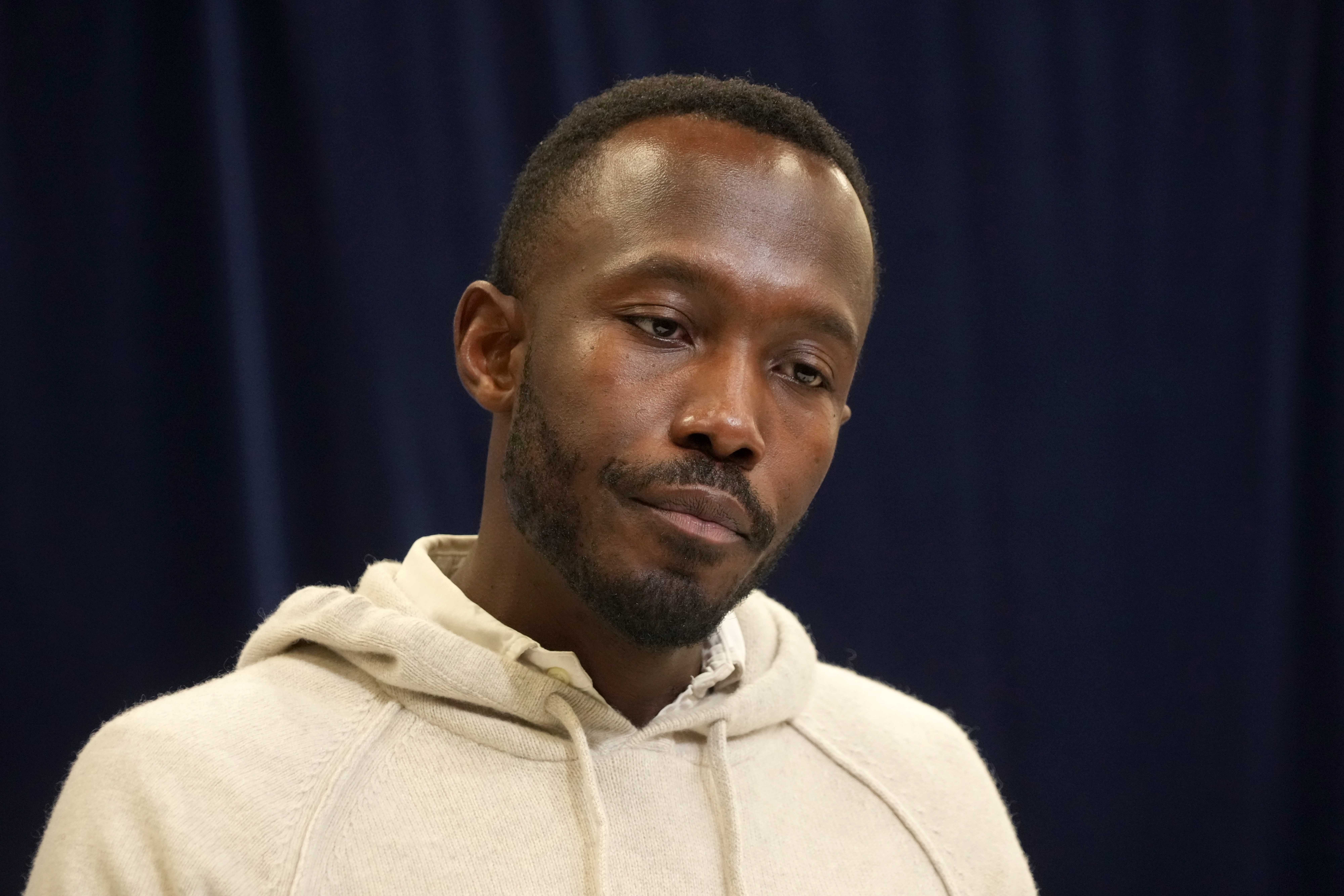 Feb 25, 2025; Indianapolis, IN, USA; Minnesota Vikings general manager Kwesi Adofo-Mensah speaks during the NFL Scouting Combine at the Indiana Convention Center.