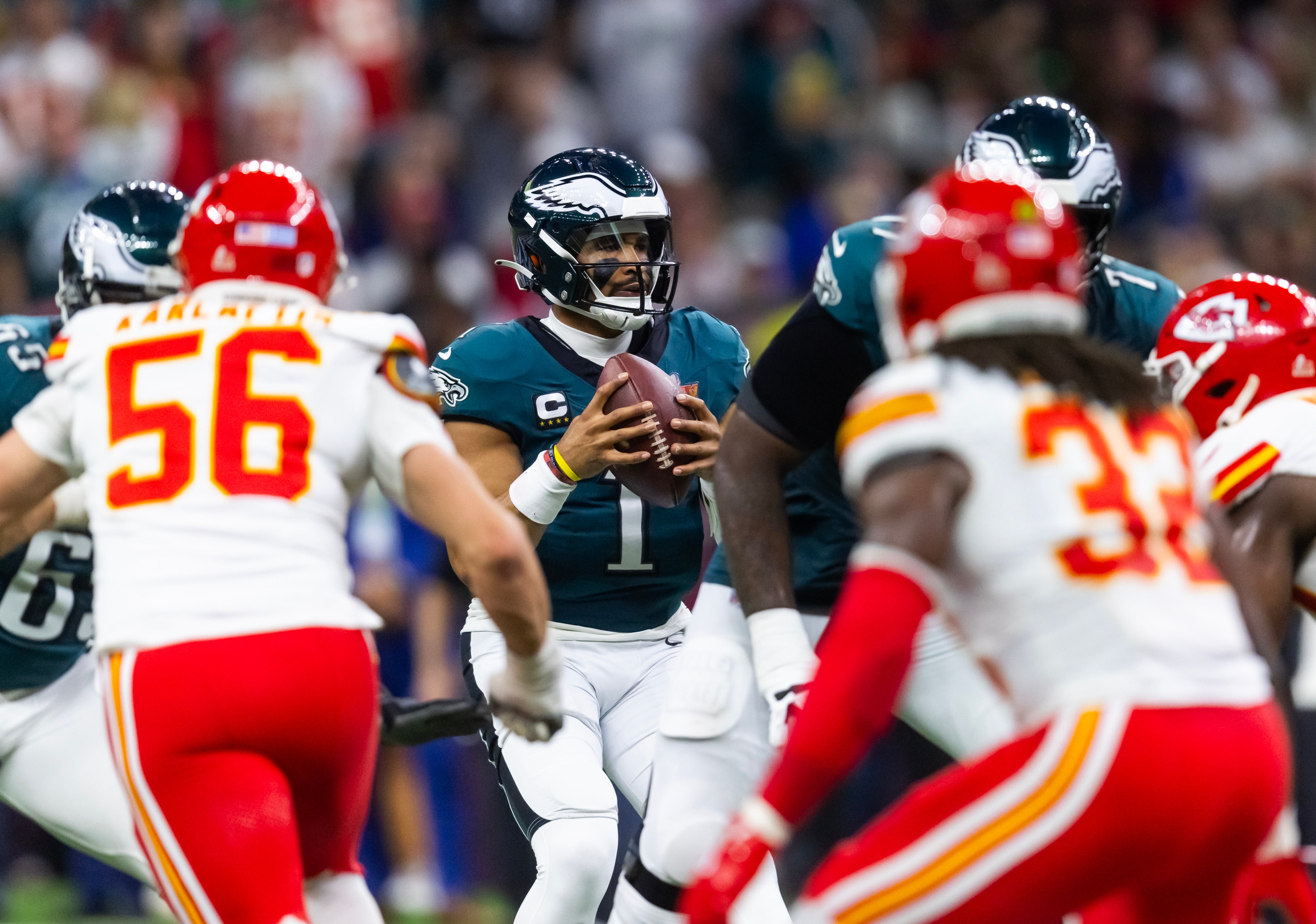 Philadelphia Eagles quarterback Jalen Hurts (1) against the Kansas City Chiefs during Super Bowl LIX at Ceasars Superdome.