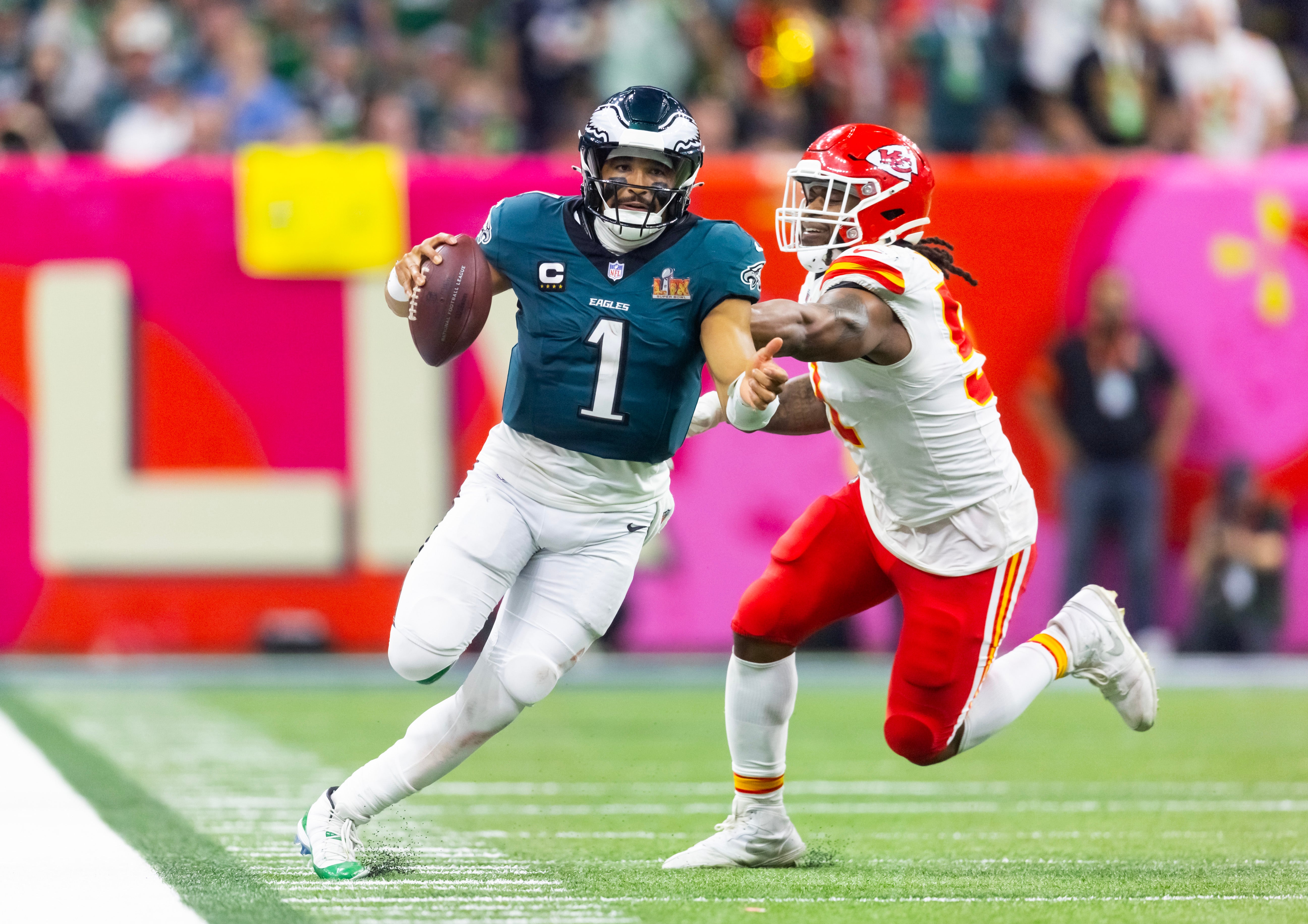Philadelphia Eagles quarterback Jalen Hurts (1) against the Kansas City Chiefs during Super Bowl LIX at Ceasars Superdome.