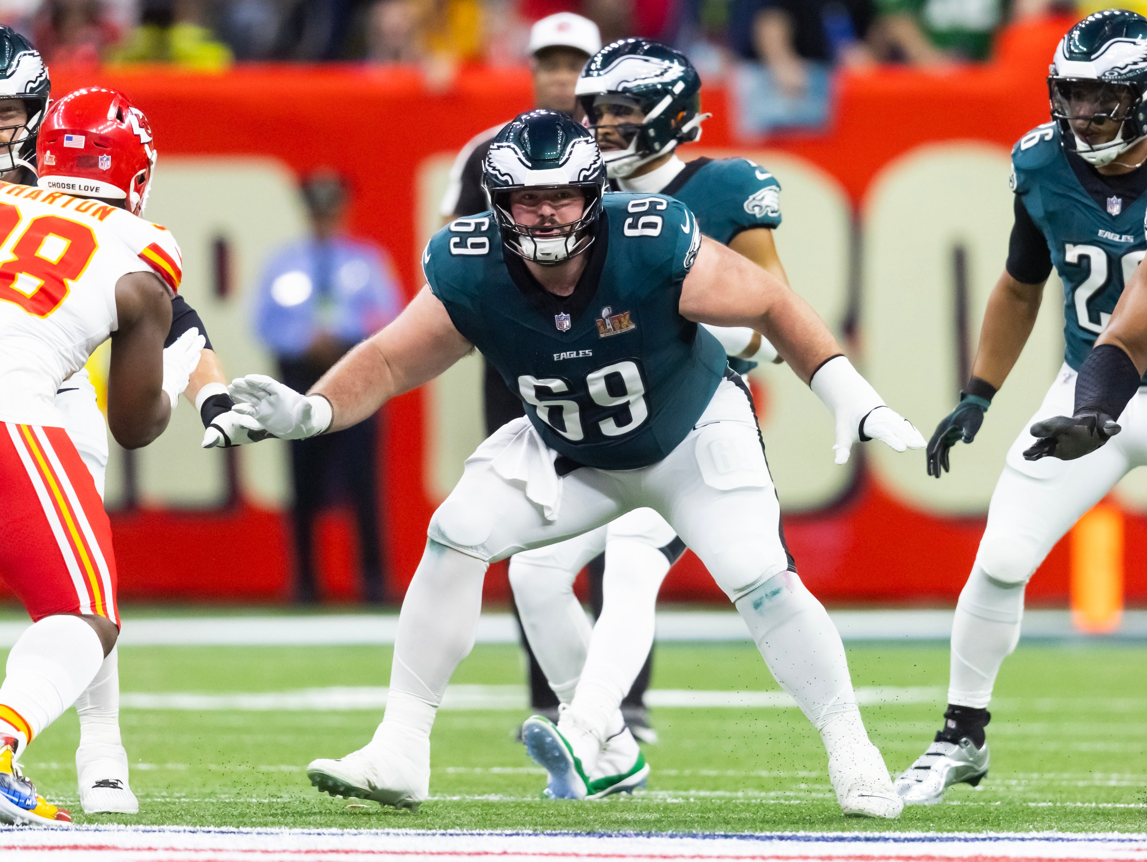 Philadelphia Eagles guard Landon Dickerson (69) against the Kansas City Chiefs during Super Bowl LIX at Ceasars Superdome.