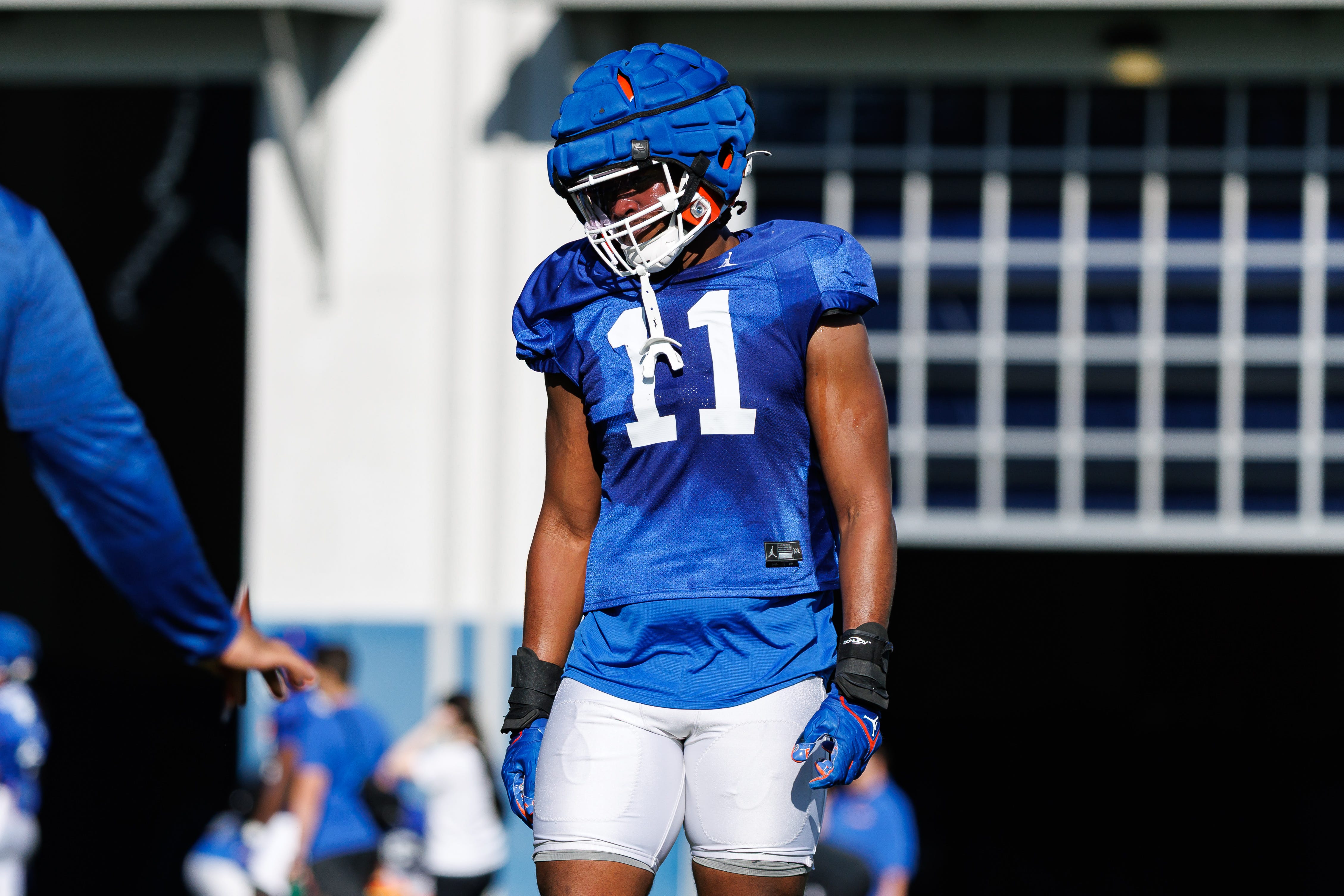 Florida Gators edge LJ McCray (11) looks on during spring football practice at Heavener Football Complex at the University of Florida in Gainesville, FL on Tuesday, March 11, 2025.