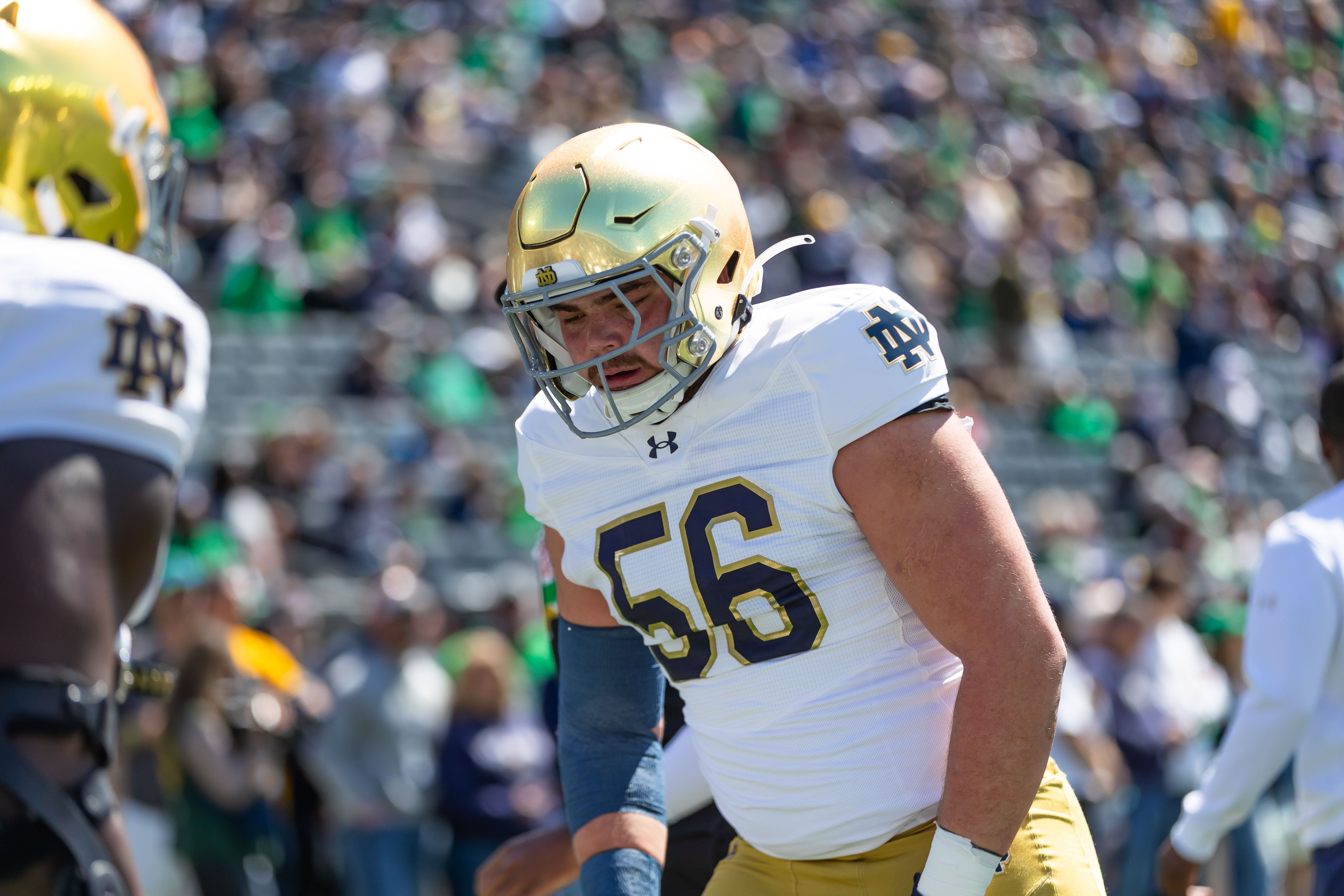 Apr 12, 2025; Notre Dame, IN, USA; Notre Dame Fighting Irish defensive lineman Elijah Hughes (56) warms up during the Blue-Gold game at Notre Dame Stadium. Mandatory Credit: Michael Caterina-Imagn Images