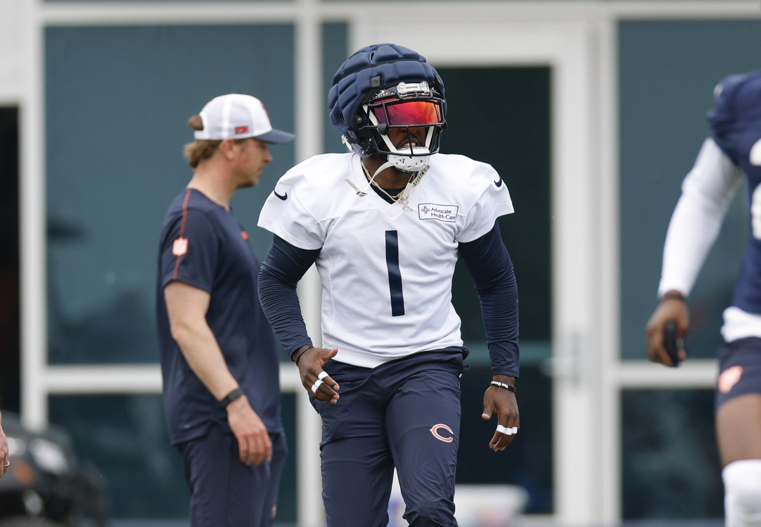 Jun 3, 2025; Lake Forest, IL, USA; Chicago Bears cornerback Jaylon Johnson (1) warms up during minicamp at Halas Hall.