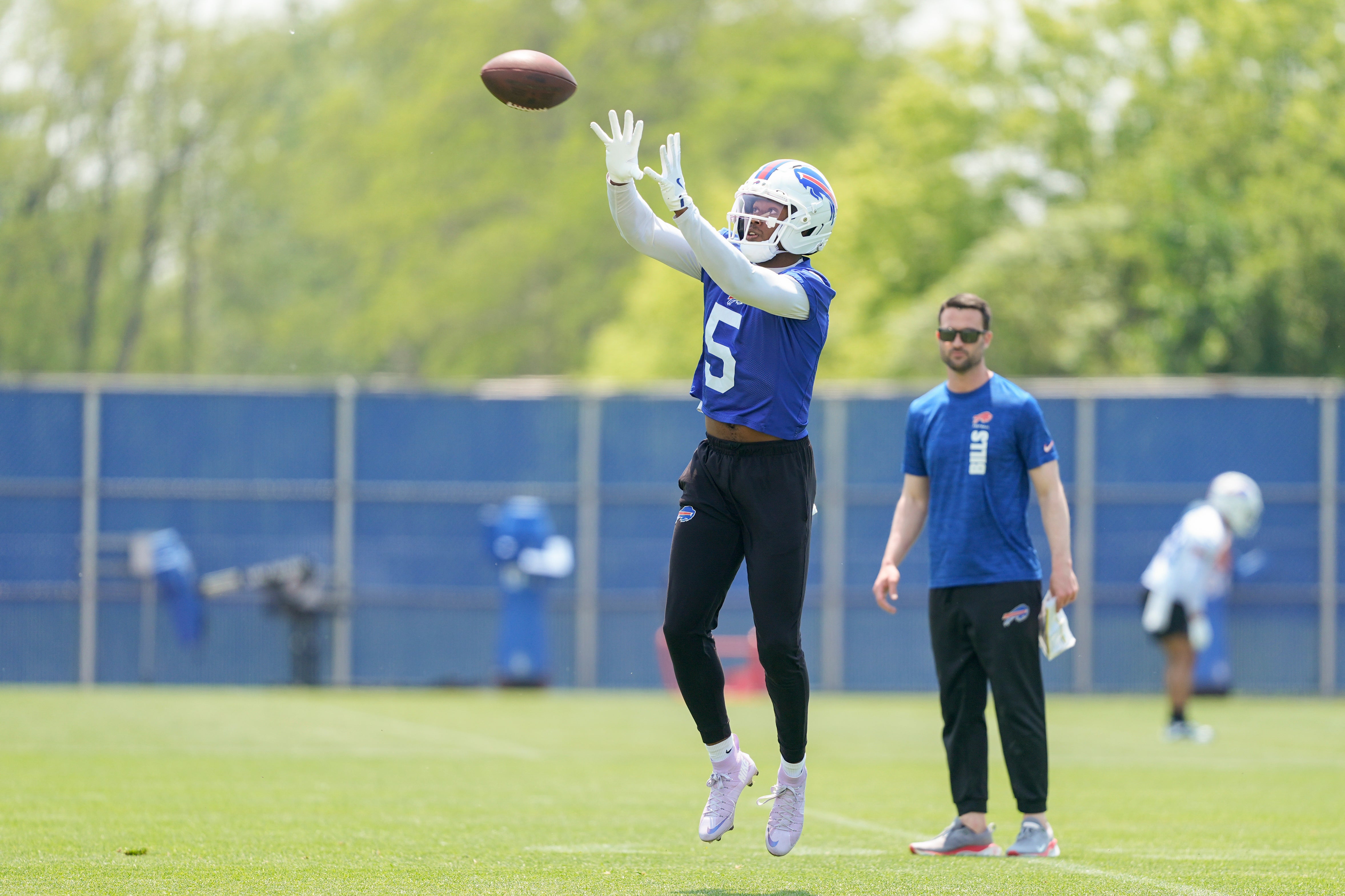 Jun 11, 2025; Orchard Park, NY, USA; Buffalo Bills wide receiver Joshua Palmer (5) makes a catch during Minicamp at Highmark Stadium.