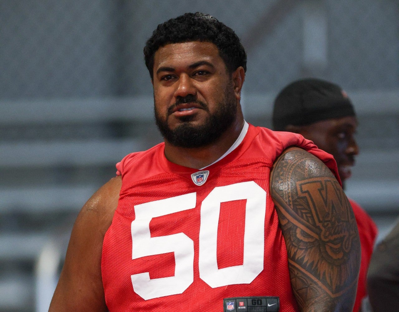 Jun 10, 2025; Tampa Bay, FL, USA; Tampa Bay Buccaneers defensive tackle Vita Vea (50) participates in mini camp at AdventHealth Training Center.