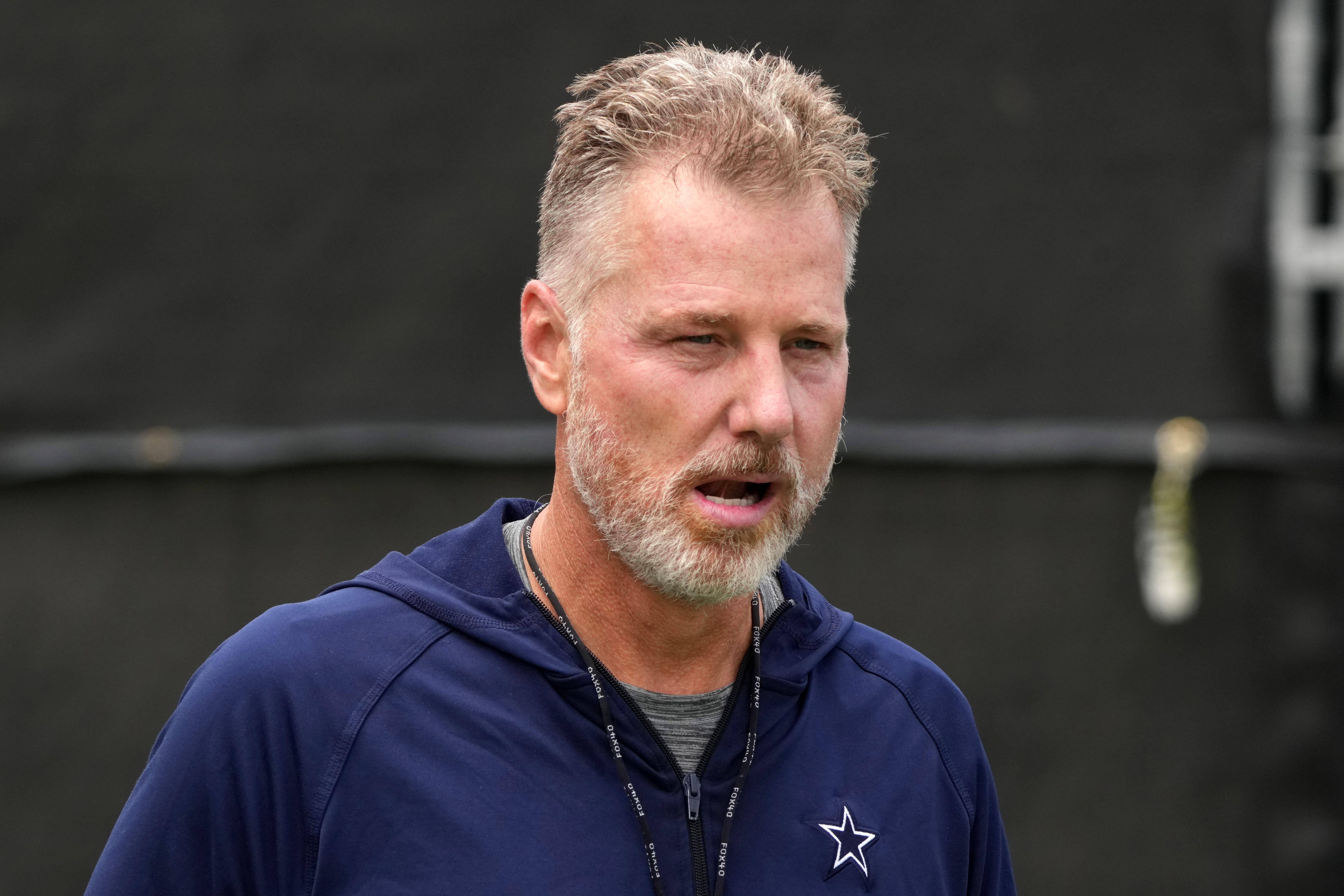 Jul 22, 2025; Oxnard, CA, USA; Dallas Cowboys defensive coordinator Matt Eberflus during training camp at the River Ridge Fields.