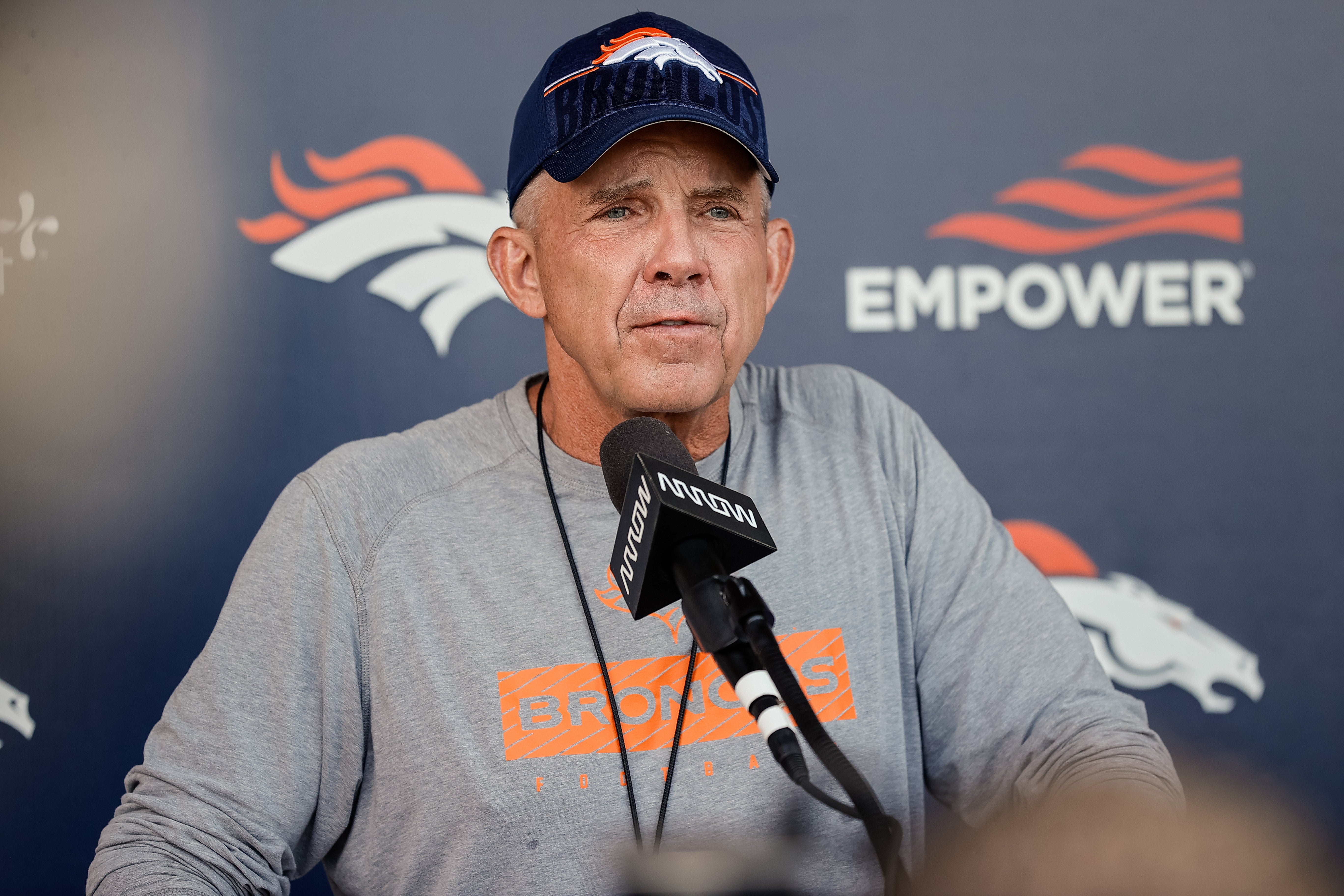 Jul 23, 2025; Englewood, CO, USA; Denver Broncos head coach Sean Payton during Denver Broncos Training Camp.