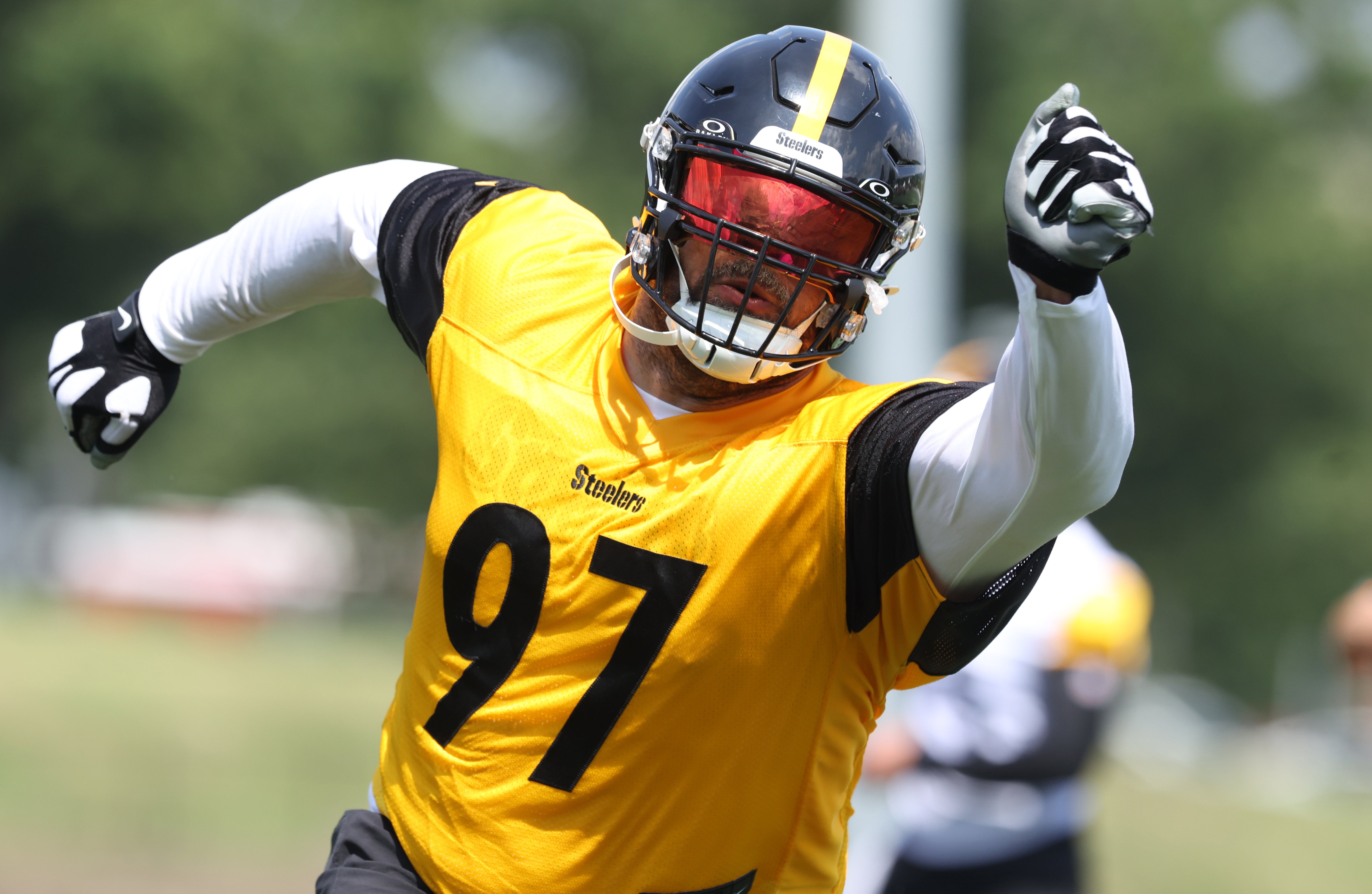Jul 24, 2025; Latrobe, PA, USA; Pittsburgh Steelers defensive end Cam Heyward (97) participates in drills during training camp at Saint Vincent College.