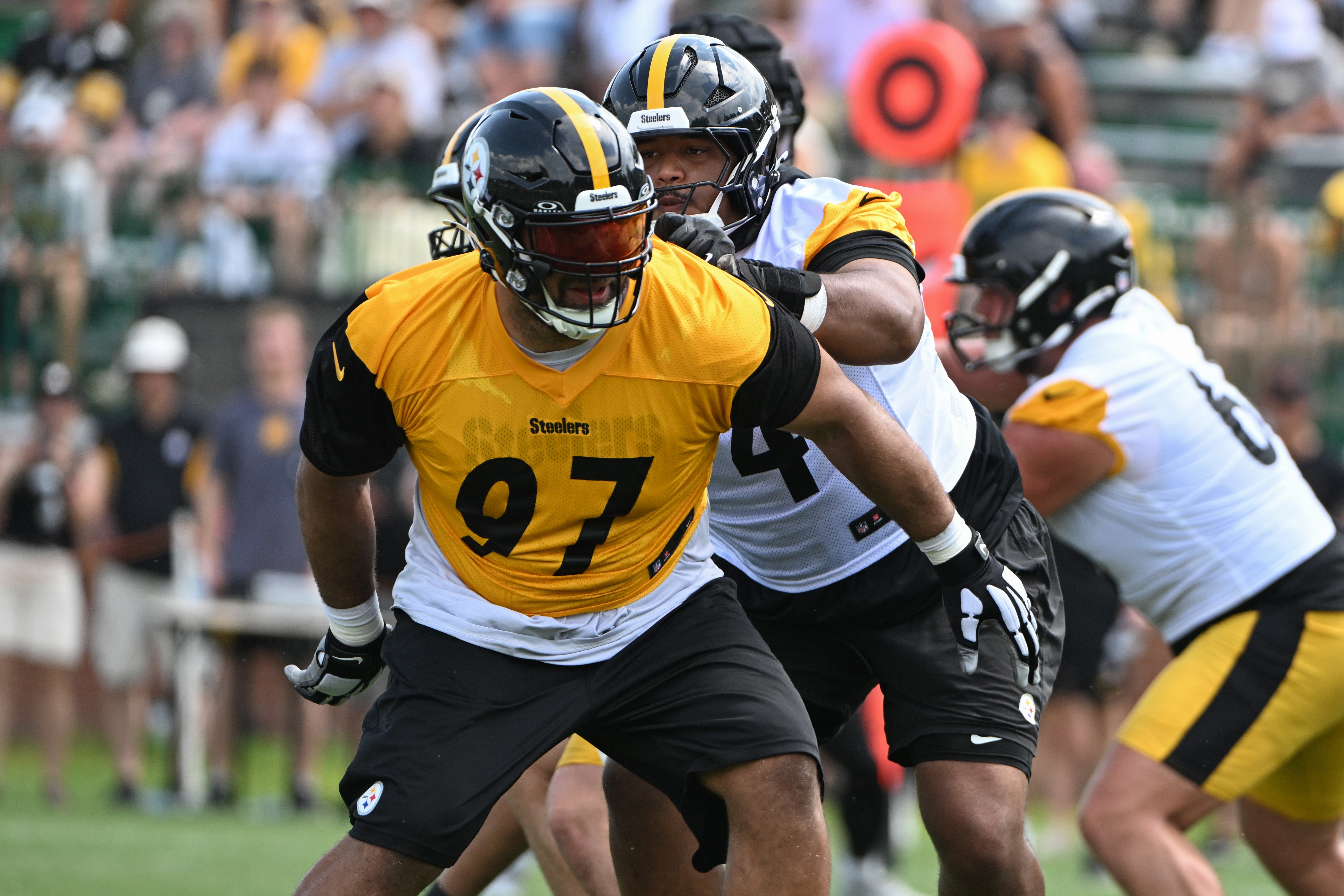 Jul 25, 2025; Pittsburgh, PA, USA; Pittsburgh Steelers defensive tackle Cameron Heyward (97) participates in drills during training camp at Saint Vincent College.
