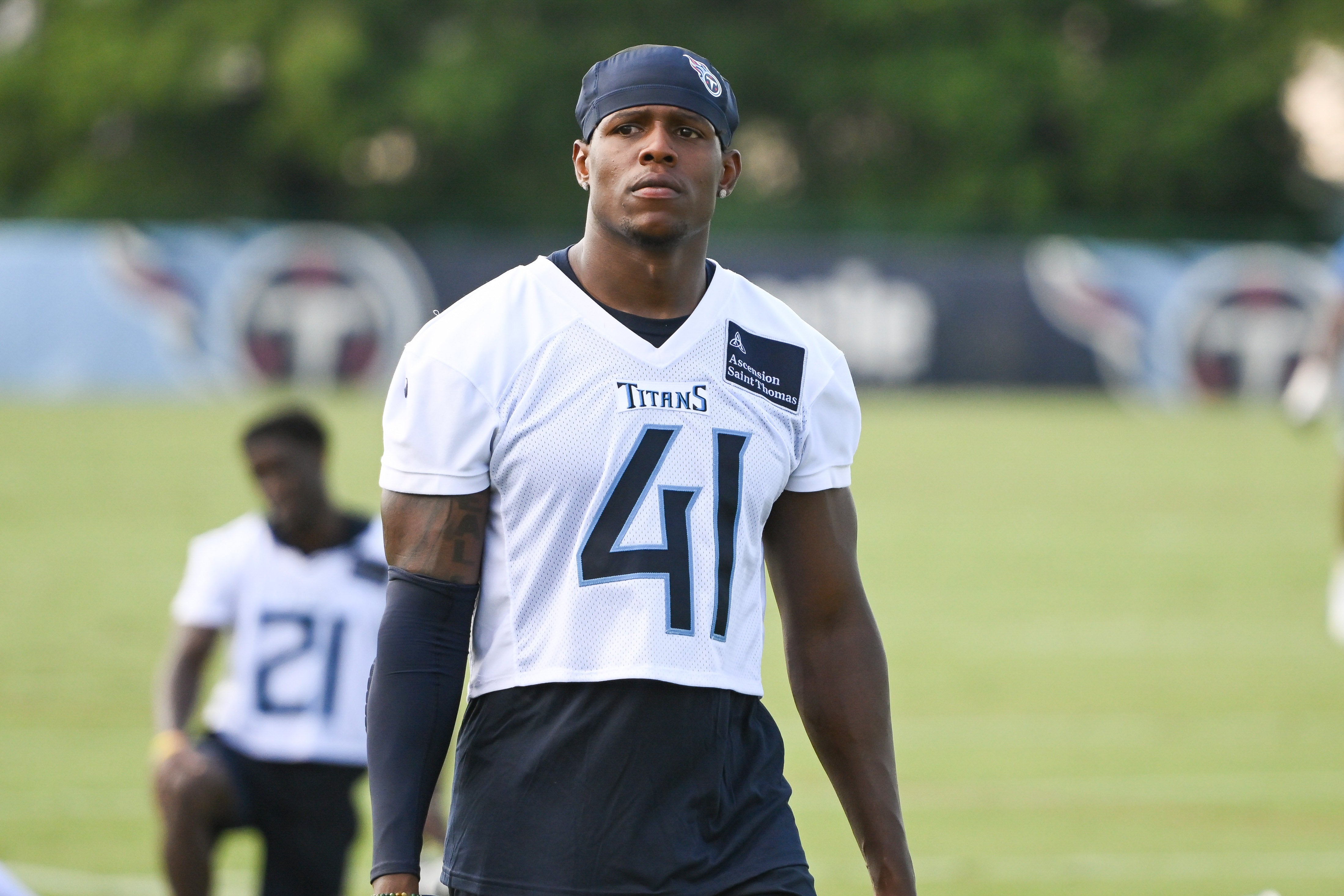 Jul 24, 2025; Nashville, TN, USA; Tennessee Titans linebacker Otis Reese IV (41) walks off the field during training camp at Ascension Saint Thomas Sports Park.