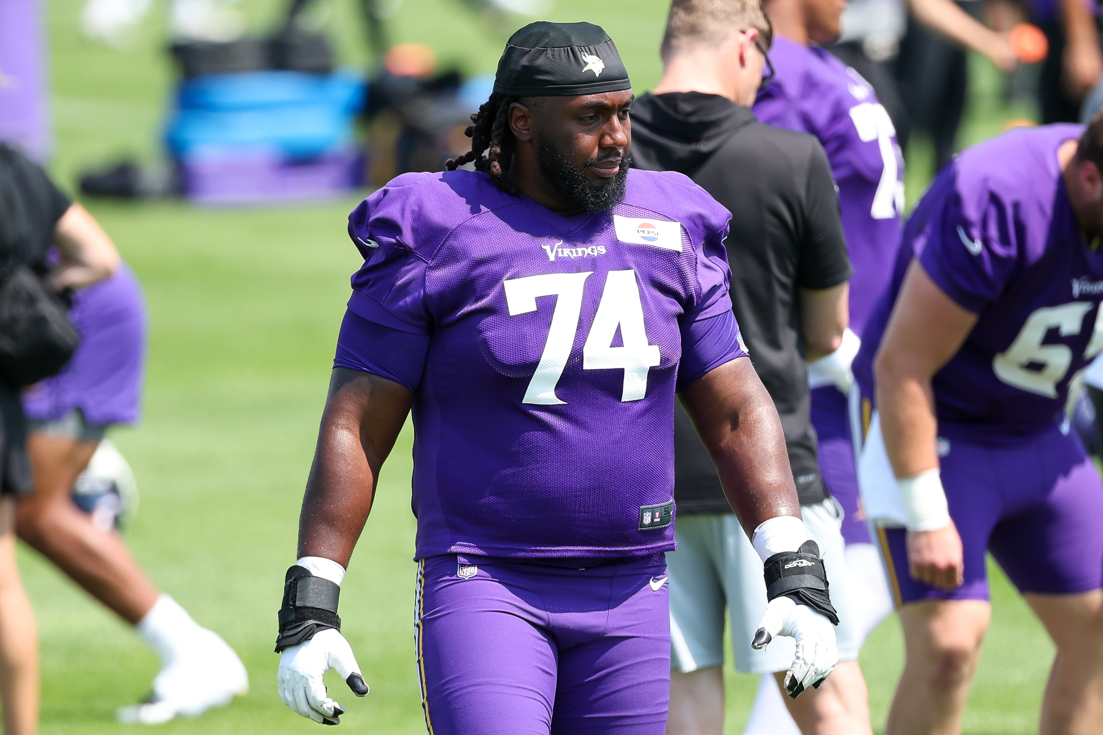 Jul 29, 2025; Eagan, MN, USA; Minnesota Vikings guard Donovan Jackson (74) takes part in drills during the teams training camp at the Minnesota Vikings Training Facility.