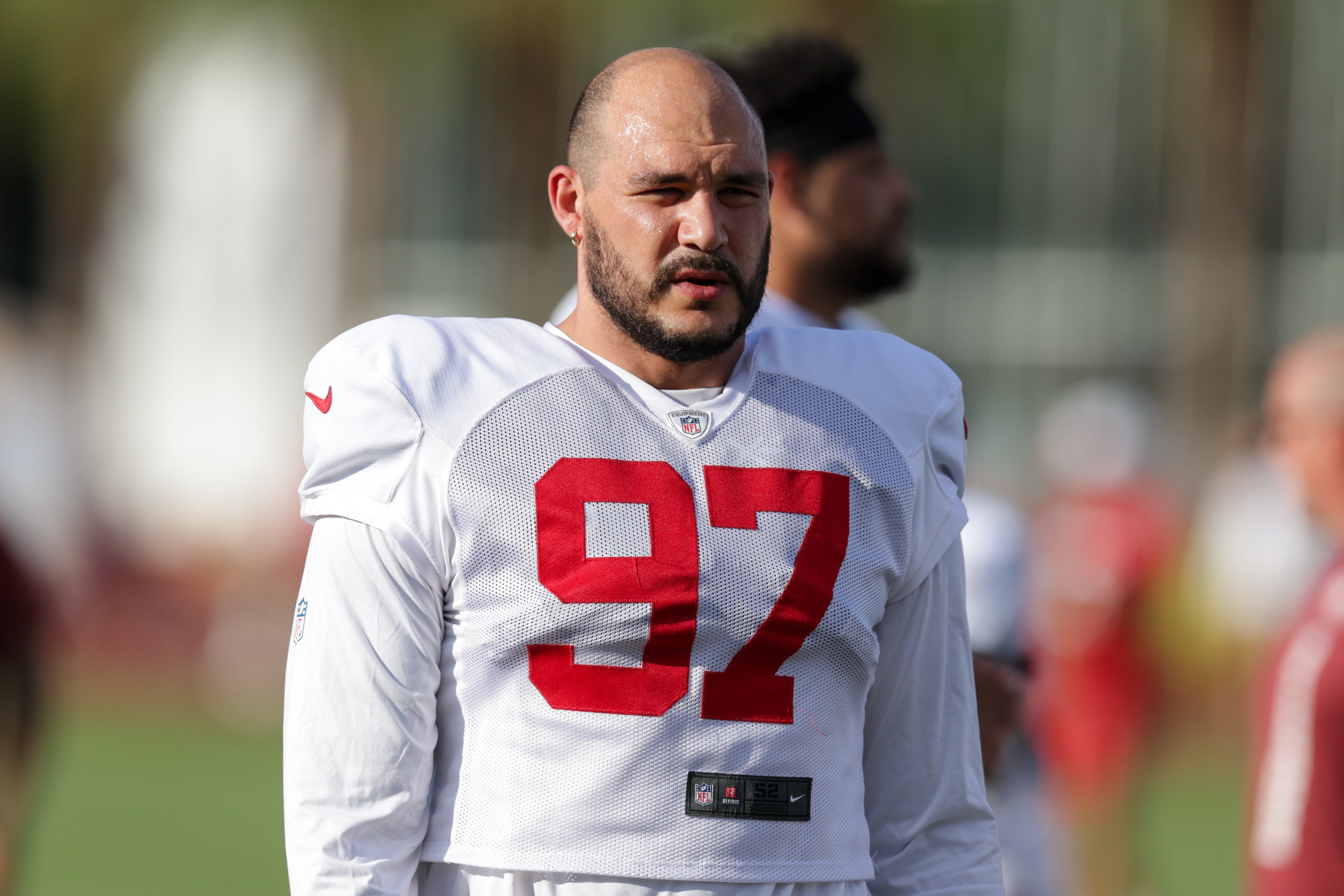 Jul 31, 2025; Tampa, FL, USA; Tampa Bay Buccaneers defensive tackle Adam Gotsis (97) participates in training camp at AdventHealth Training Center.
