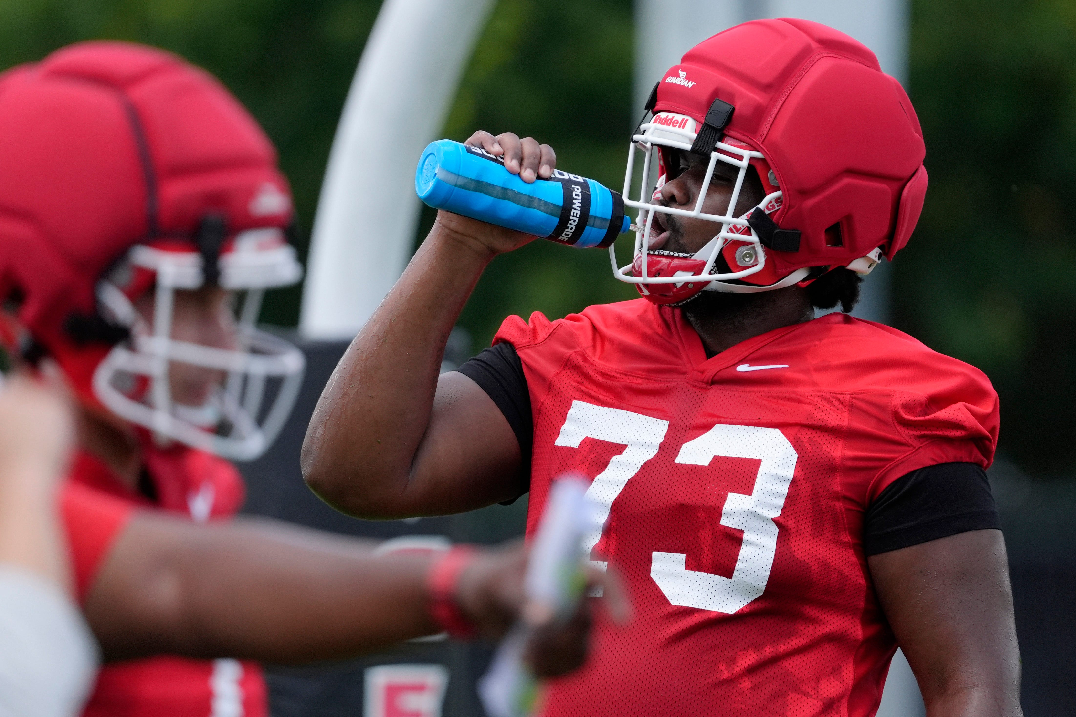 Georgia offensive lineman Juan Gaston (73) at the first day of fall practice in Athens, Georgia, on Thursday, July 31, 2025