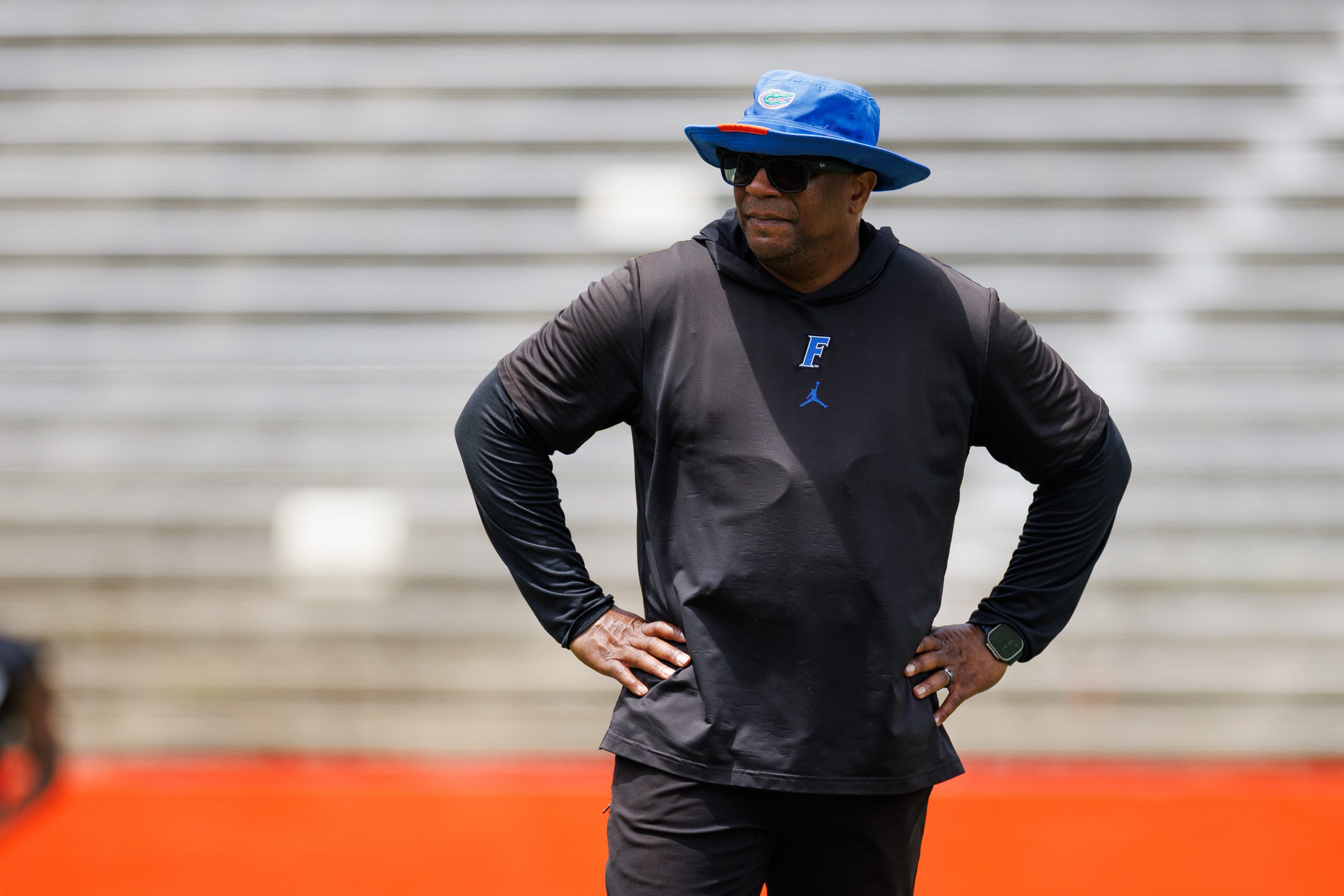 Florida Gators associate head coach for running backs Jabbar Juluke looks on during fall football practice at Ben Hill Griffin Stadium at the University of Florida in Gainesville, FL on Saturday, August 2, 2025. Matt Pendleton/Gainesville Sun
