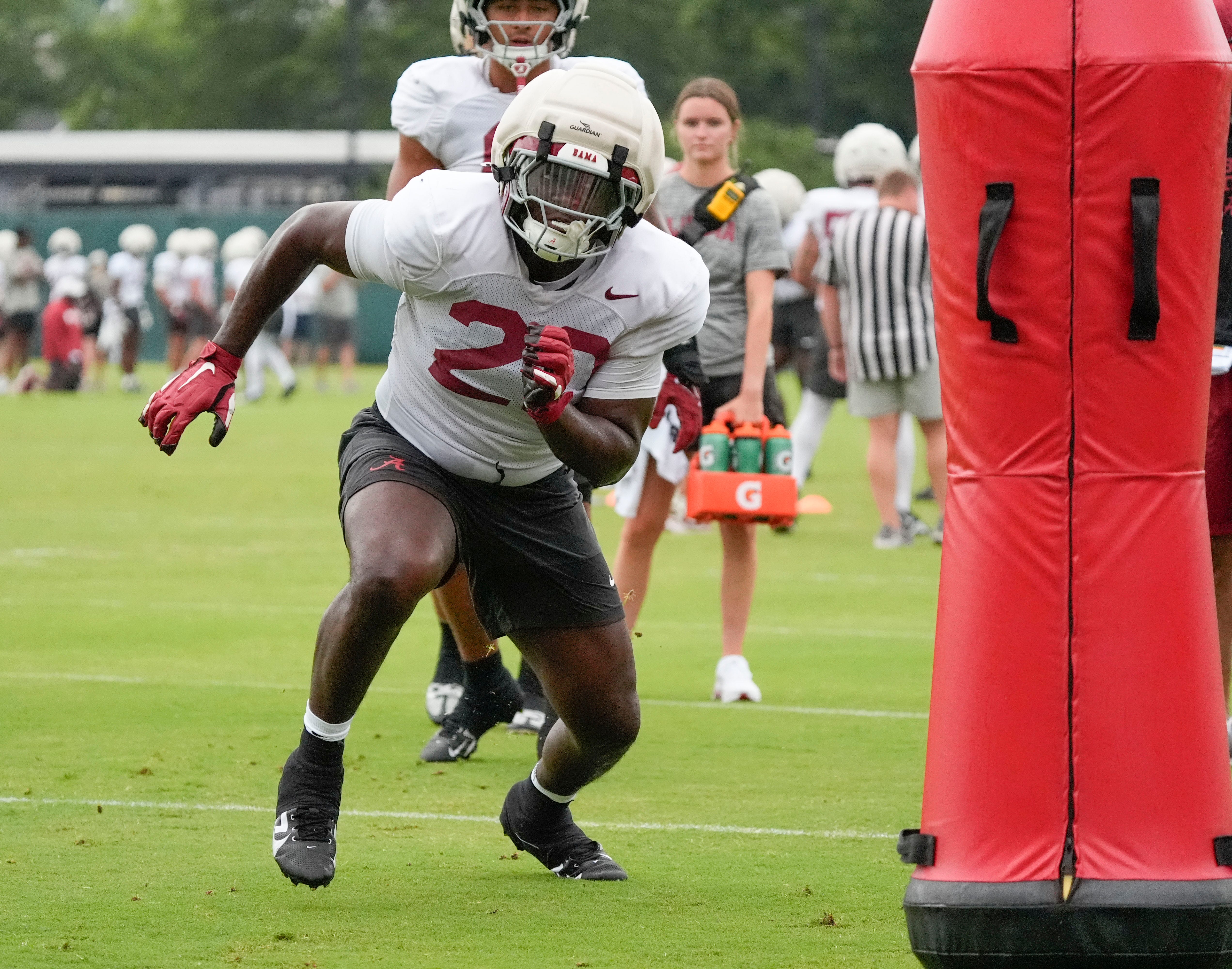 Aug. 3, 2025; Tuscaloosa, AL, USA; Linebacker Jah-Marien Latham runs a drill during practice Sunday at the University of Alabama.
