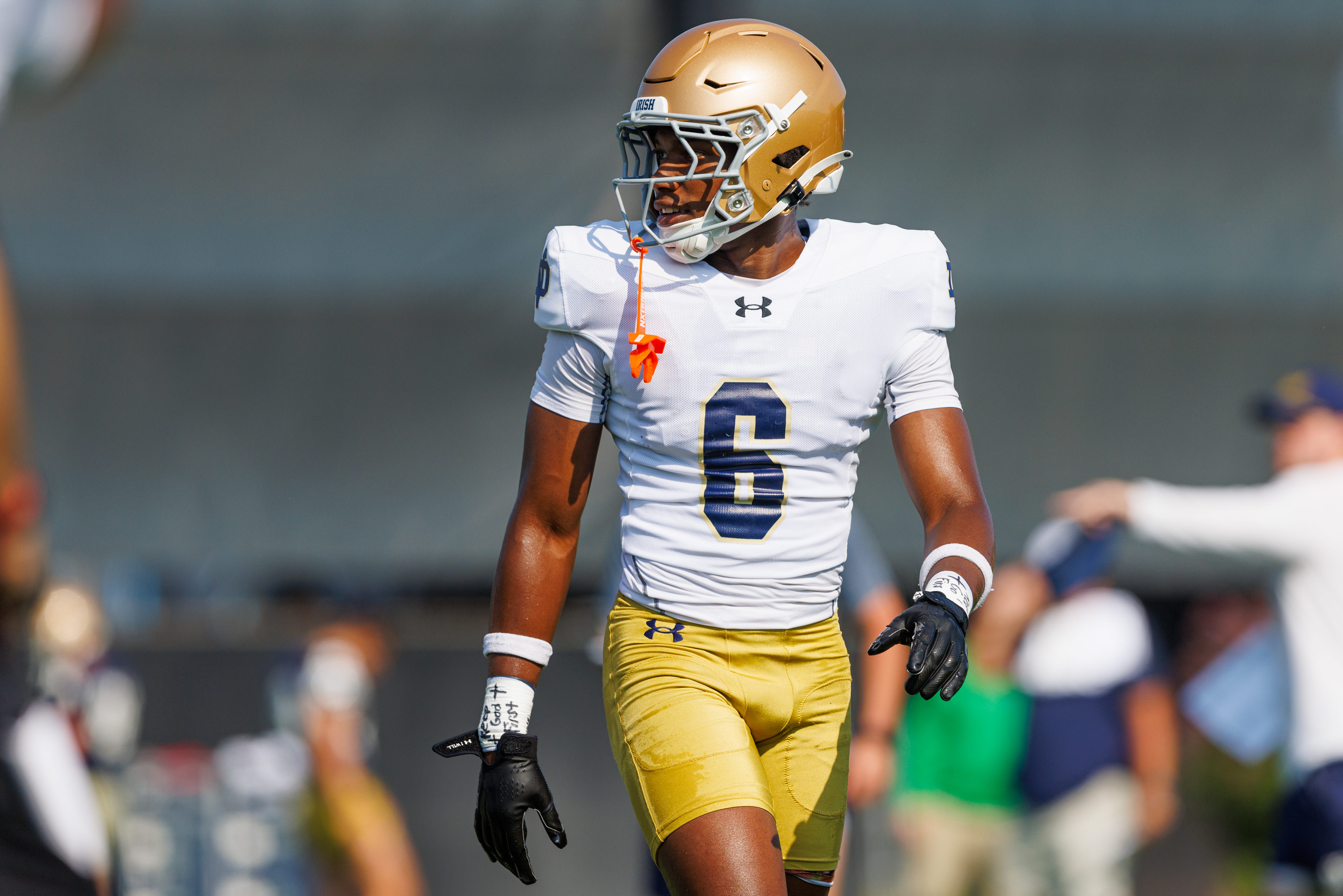 Notre Dame defensive back Christian Gray during a football practice at Irish Athletic Center on Wednesday, Aug. 6, 2025, in South Bend.