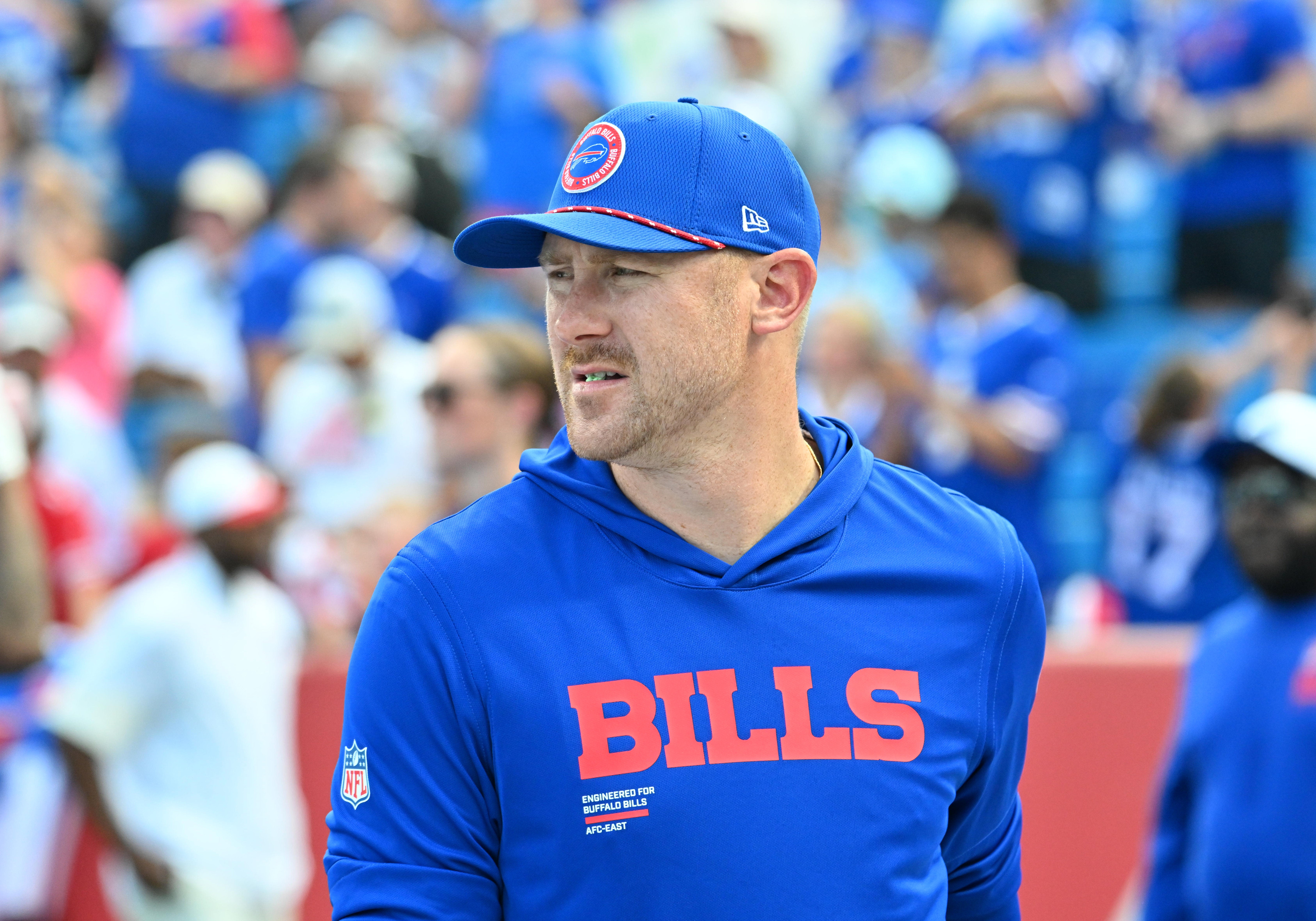 Aug 9, 2025; Orchard Park, New York, USA; Buffalo Bills offensive coordinator Joe Brady on the field before a game against the New York Giants at Highmark Stadium.